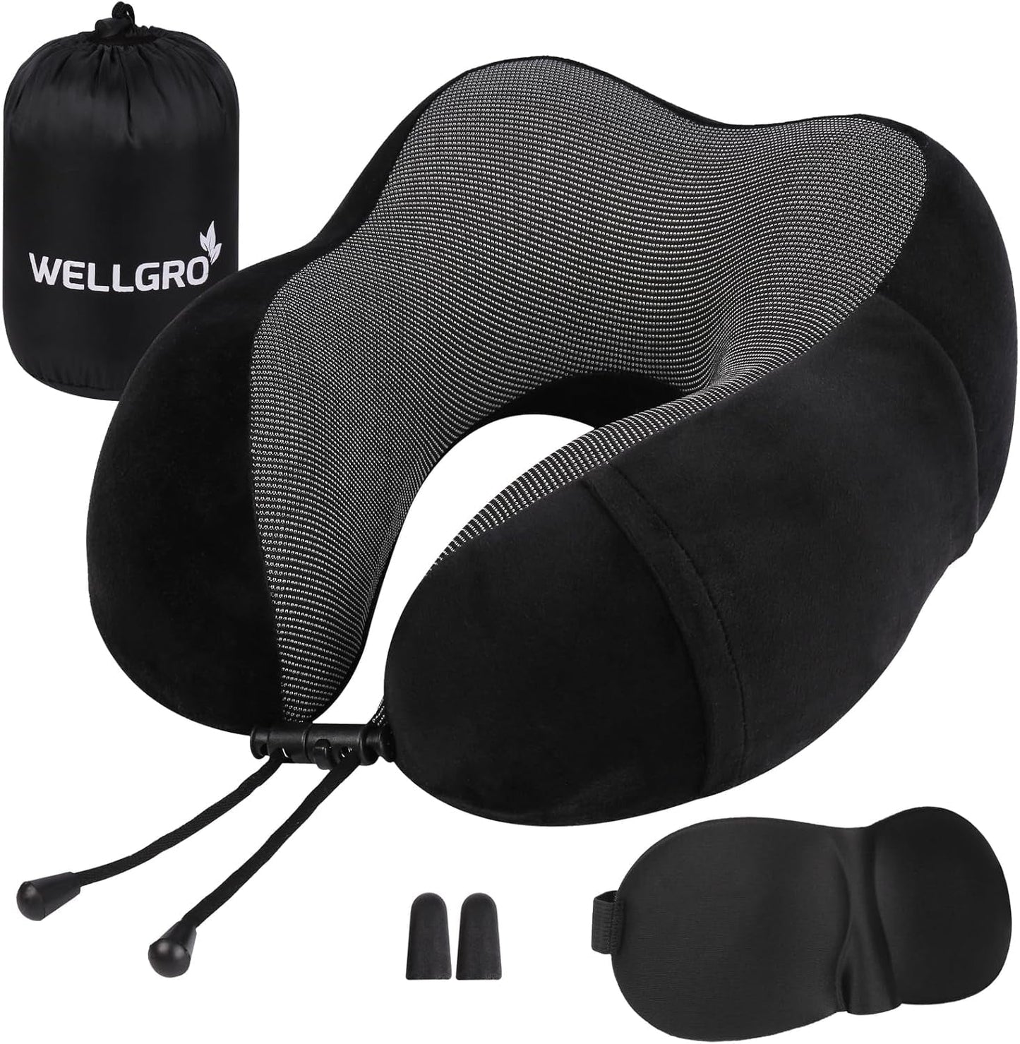 WELLGRO Nakkepudesæt med 3D-søvnmaske og ørepropper - Aftageligt betræk - Memory Foam - Lynlåslukning - Inklusiv opbevaringstaske - Rejsepude - Farvevalgbar, Farve:Grå Naty Shop Ortopædiske livmoderhalspuder Sort