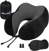 WELLGRO Nakkepudesæt med 3D-søvnmaske og ørepropper - Aftageligt betræk - Memory Foam - Lynlåslukning - Inklusiv opbevaringstaske - Rejsepude - Farvevalgbar, Farve:Grå Naty Shop Ortopædiske livmoderhalspuder Sort