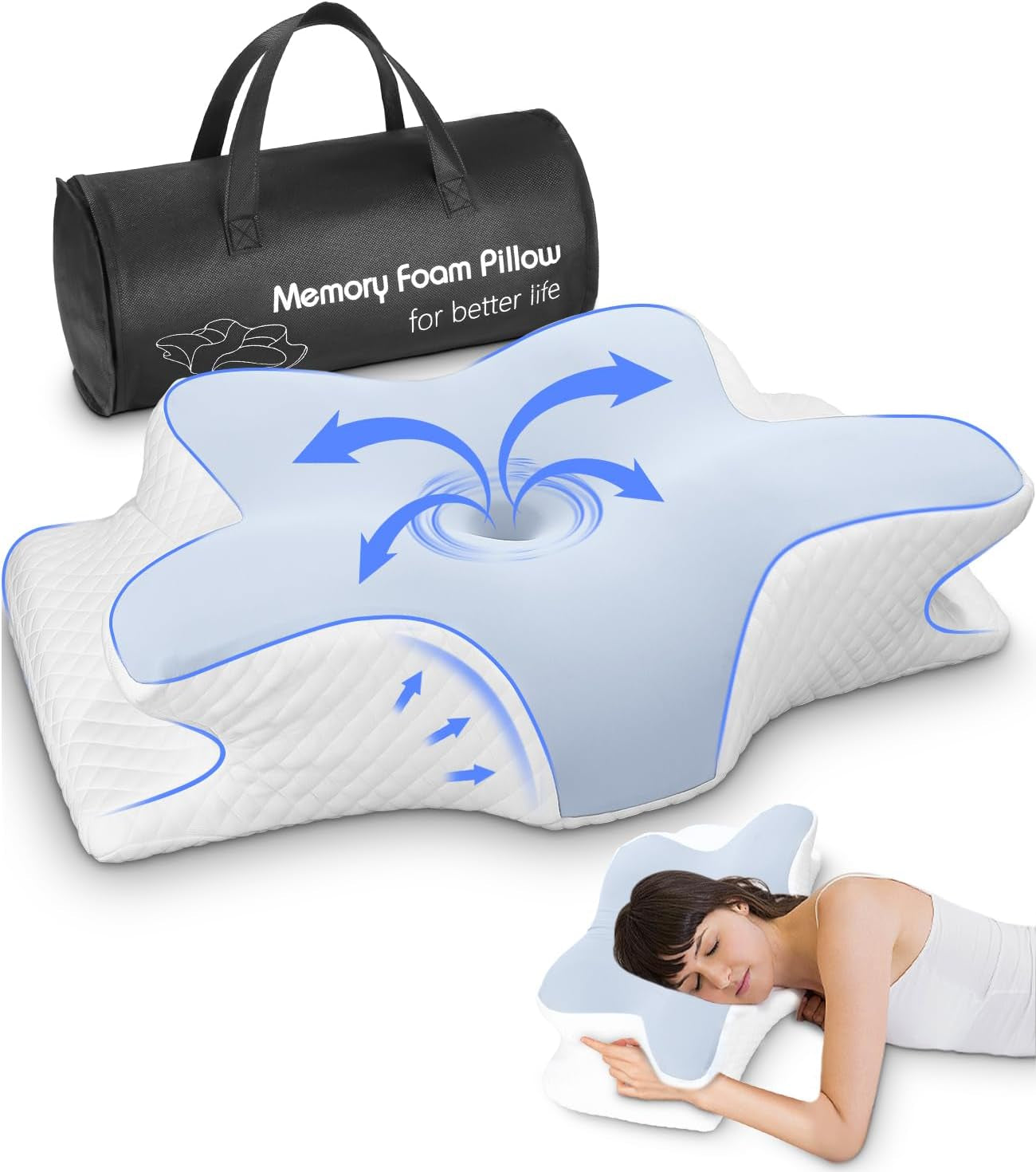 Nakkepude, Sidestøttepude, Memory Foam Pude, Ortopædisk Pude, Ergonomisk Nakkestøttepude til optimal støtte Ryg og mave Sidestøttepude (62 X 41 X 13CM) Cervikale ortopædiske puder Naty Shop Blue