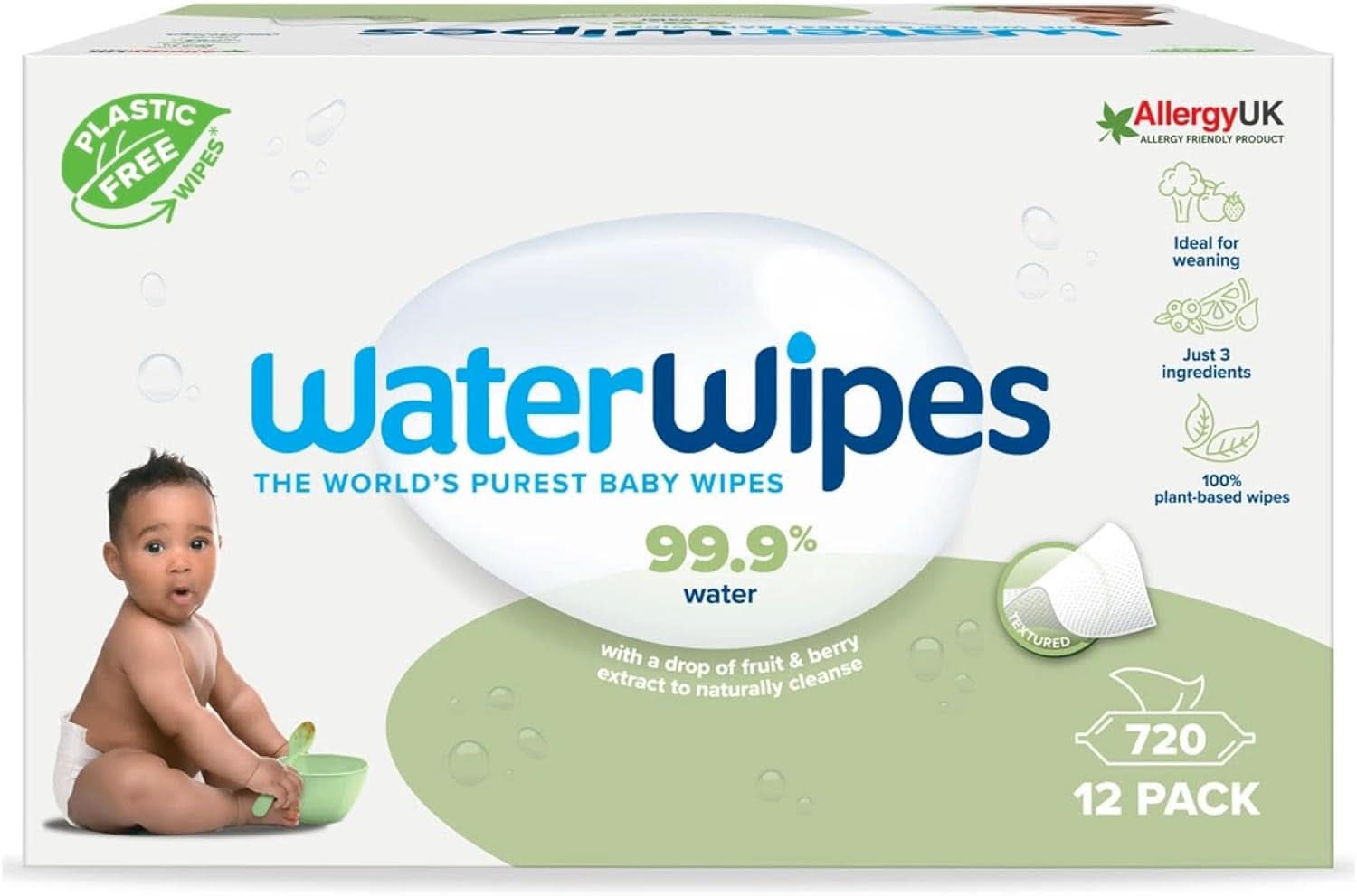 Waterwipes Plastikfreie, Texturierte Reinigungstücher Für Kleinkinder & Babies, 240 Stück (4 Packungen), 99,9 % Wasserbasierte Reinigungstücher, Unperfümiert Für Empfindliche Haut Naty Shop 720 Stück (12Er Pack)
