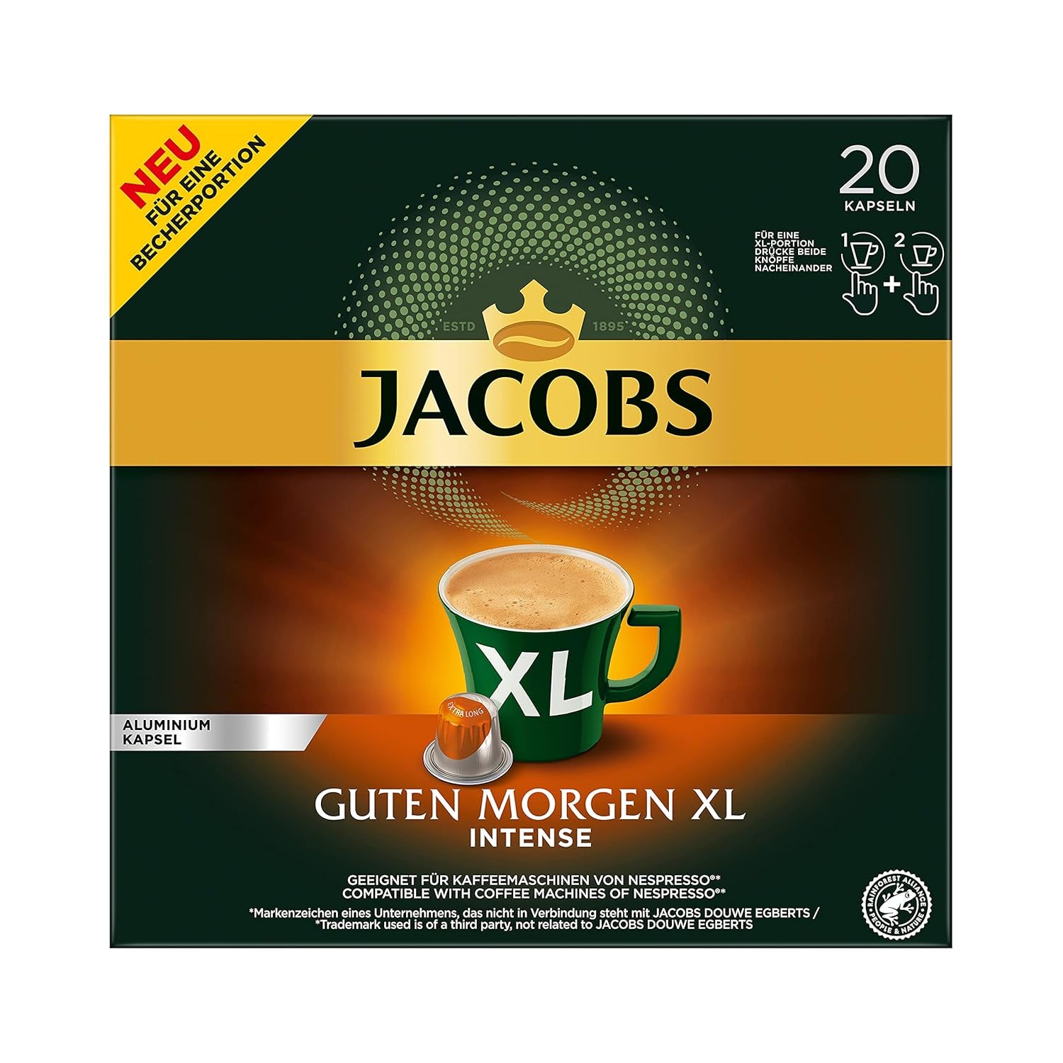 Jacobs Kaffeekapseln Guten Morgen XL Intense - 10er Pack (10 x 20 Getränke) & Kaffeekapseln Krönung Crema, 200 Nespresso-kompatibel Kapseln, 10er Pack, 10 x 20 Getränke, 1040 g
