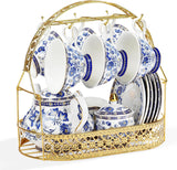 Fanquare Blue Flower Porcelæn Tesæt med Metal Stand Vintage Porcelæn Kaffekop og Underskål Engelsk Kaffesæt til voksne