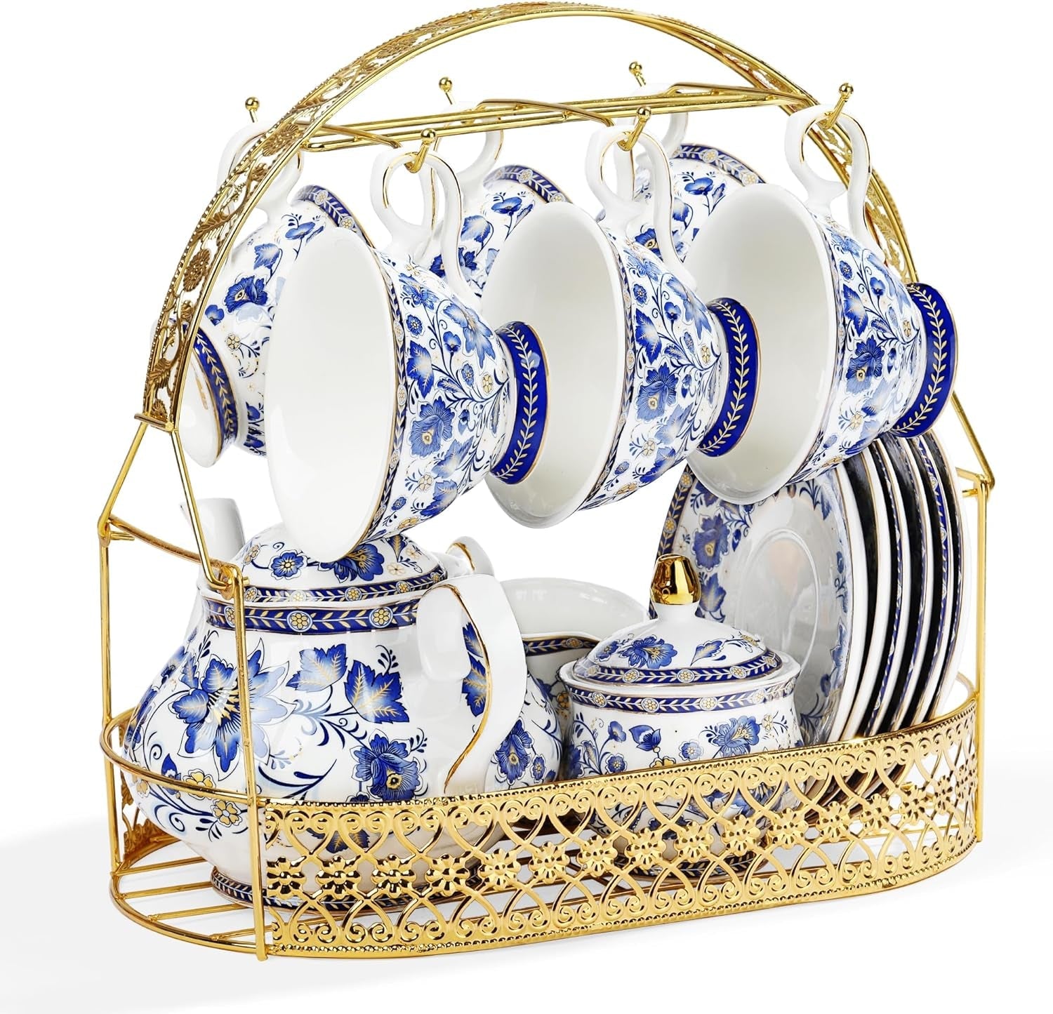 Fanquare Blue Flower Porcelæn Tesæt med Metal Stand Vintage Porcelæn Kaffekop og Underskål Engelsk Kaffesæt til voksne