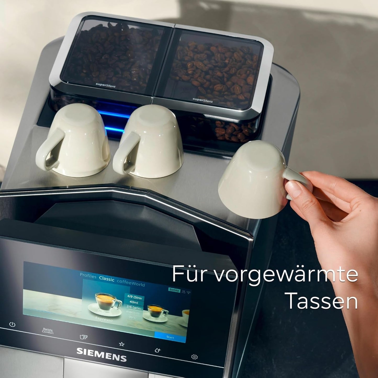 Siemens EQ900 automatisk espressomaskine, stor TFT-farveskærm, 2 bønnebeholdere, 36 varme og kolde drikke, kold kaffe, super støjsvag, to kopsfunktion, appkontrol, rustfrit stål, TQ907D03