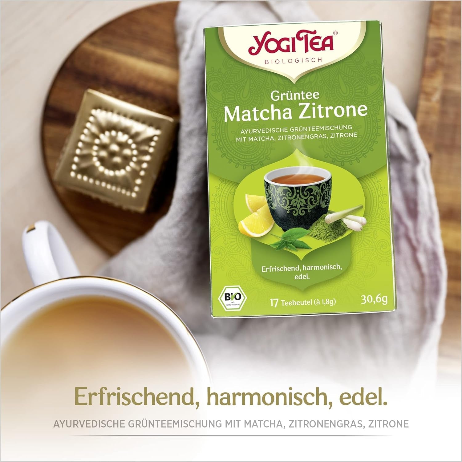 Yogi te - Matcha grøn te med citron, økologisk urte-ayurvedisk grøn te, blanding af grøn te, Matcha, citrongræs og lime, Yogi te 6-pak, 6x17 teposer (i alt 102 teposer)