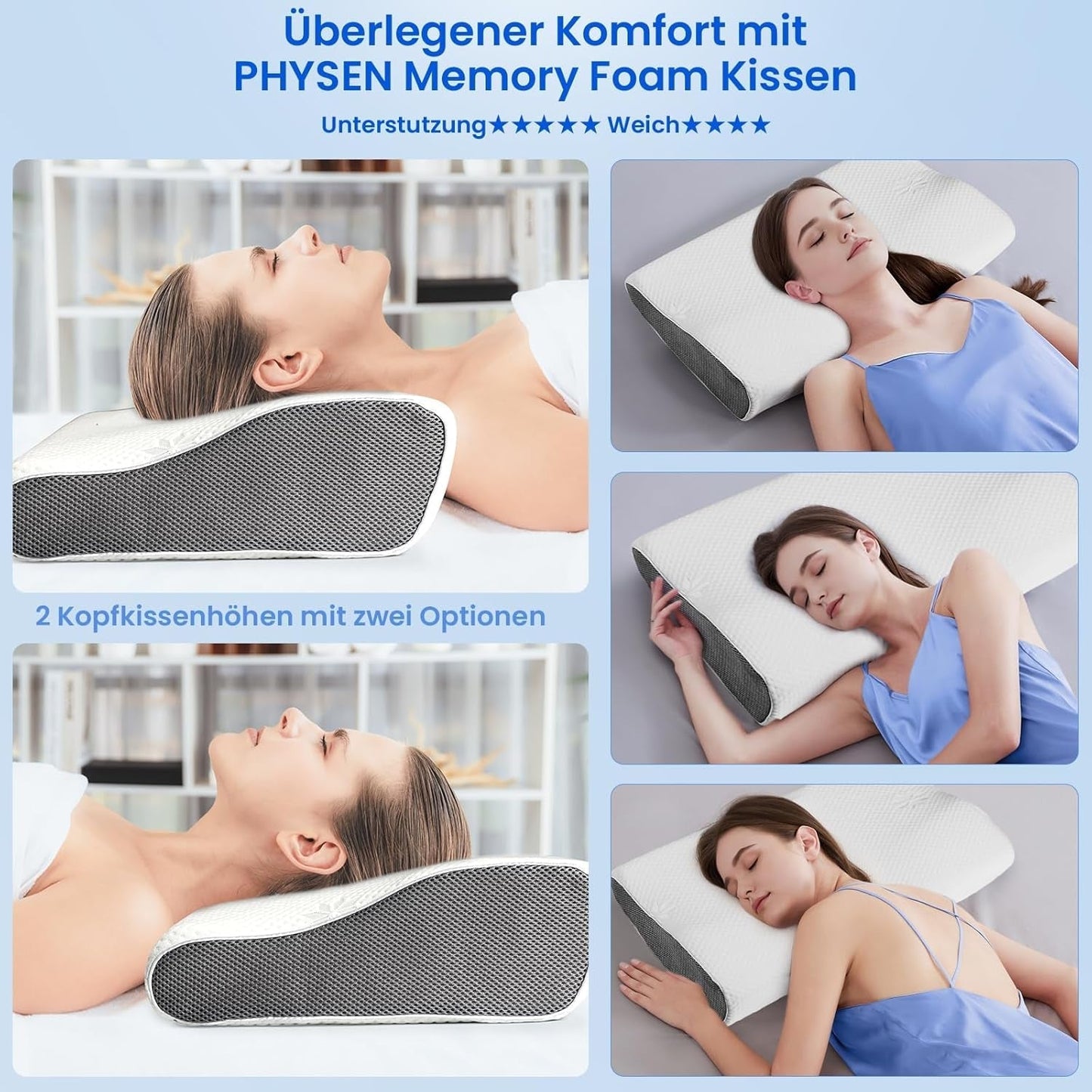PHYSEN Ortopædisk pude Nakkepude, Nakkestøttepude, Memory Foam Pude, Ergonomisk Nakkesmertepude Sovepude Anti-snorkepude til sider, ryg og mave (62 * 34 * 11 6,5 cm) Cervikale ortopædiske puder Naty Shop