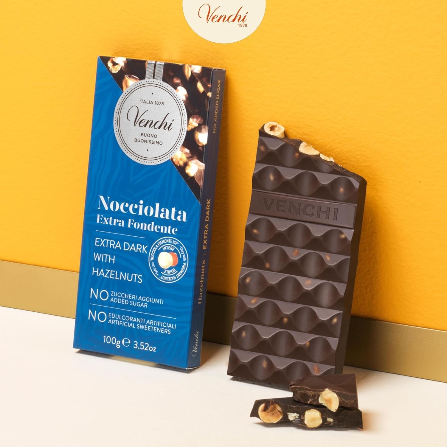 Venchi - Pakke med 6 mørke chokoladebarer med hasselnødder, 600g - Ingen tilsat sukker - Ingen kunstige sødestoffer - Glutenfri - Vegansk - Gaveidé