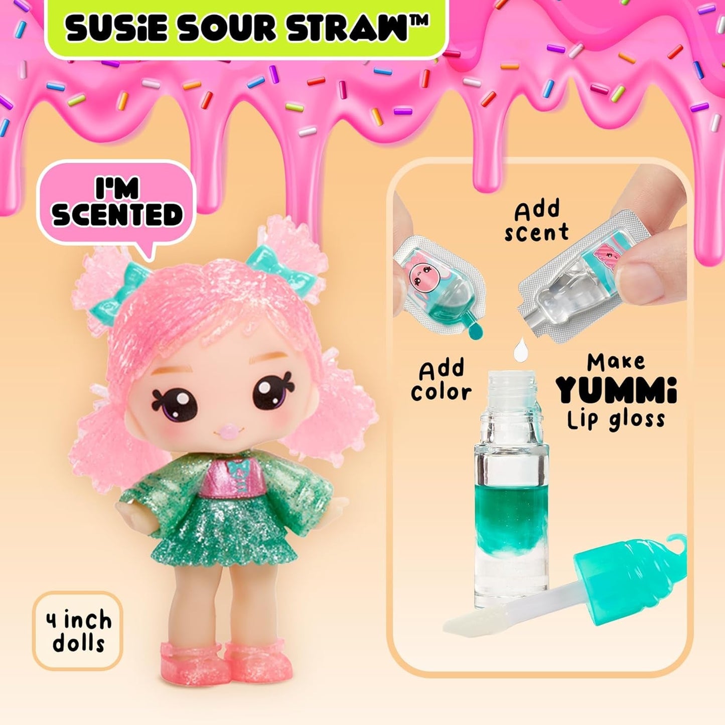 Yummiland Lip Gloss Doll - Susie Sour Straw - Inkluderer DIY Lip Gloss Kit, velegnet til alderen 4+, serie 2