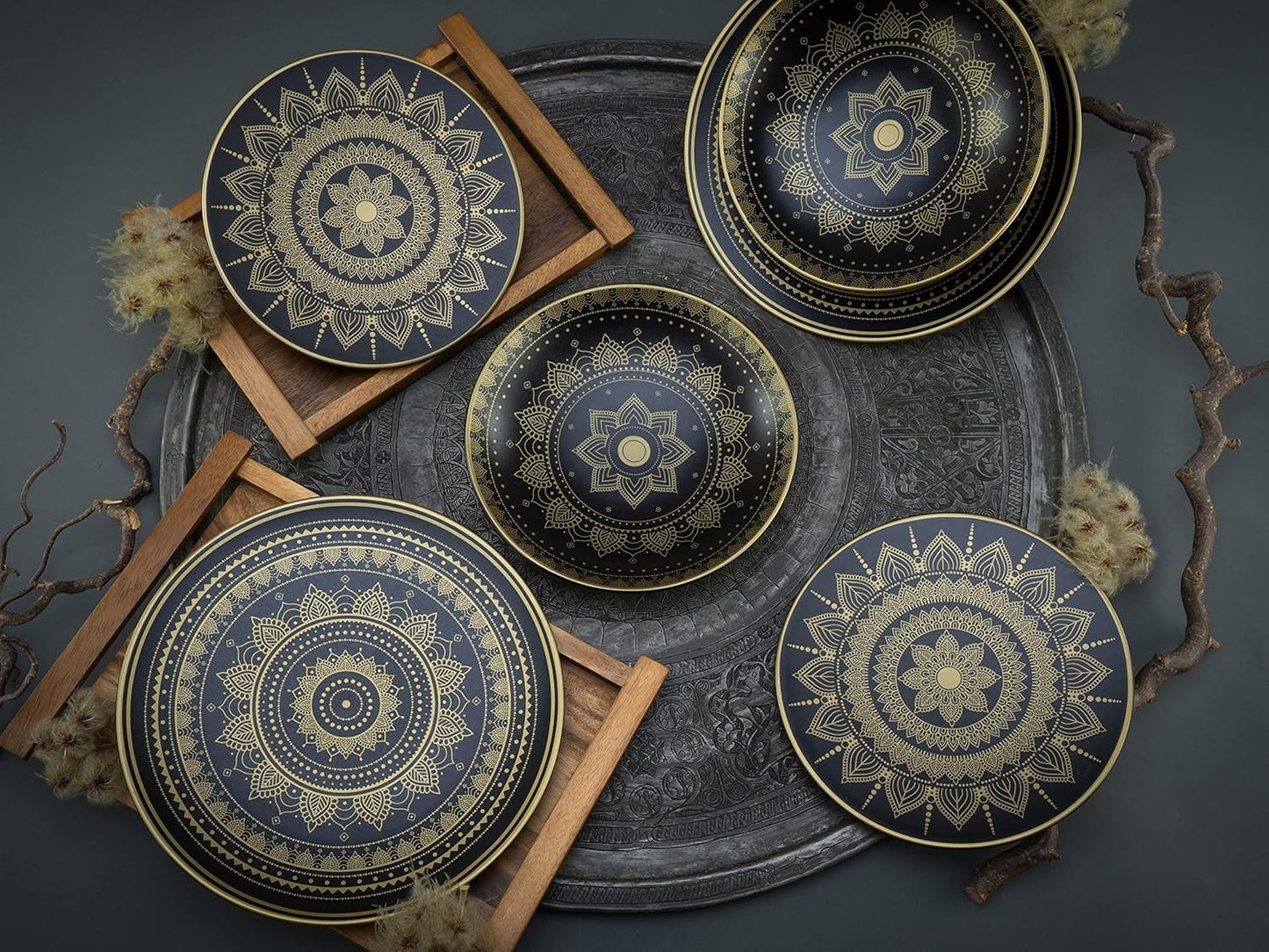 CreaTable, 23588, MANDALA GOLD Series - Sort, 12-delt porcelænssæt, tallerkensæt i porcelæn, Tåler opvaskemaskine og mikroovn, kvalitetsfremstilling