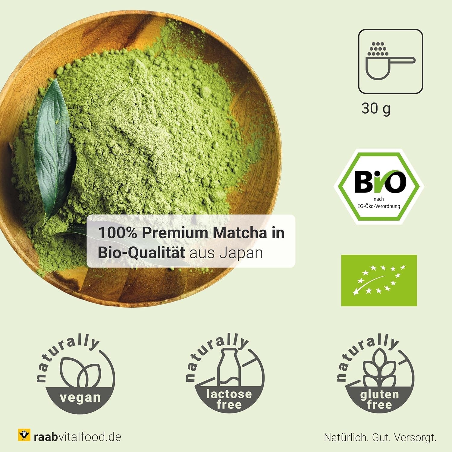Raab Vitalfood® Premium Bio Matcha Pulver (30g) - Original fra Japan, ren matcha pulver uden tilsætningsstoffer, fint malet, mild-bitter smag, grøn te pulver, vegansk, te ceremoni