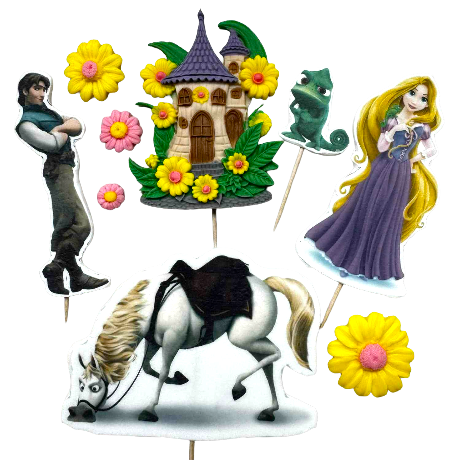 DulceCraft sæt med 9 Rapunzel spiselige dekorationer - Sukkerpasta figurer 1-10 cm til kager