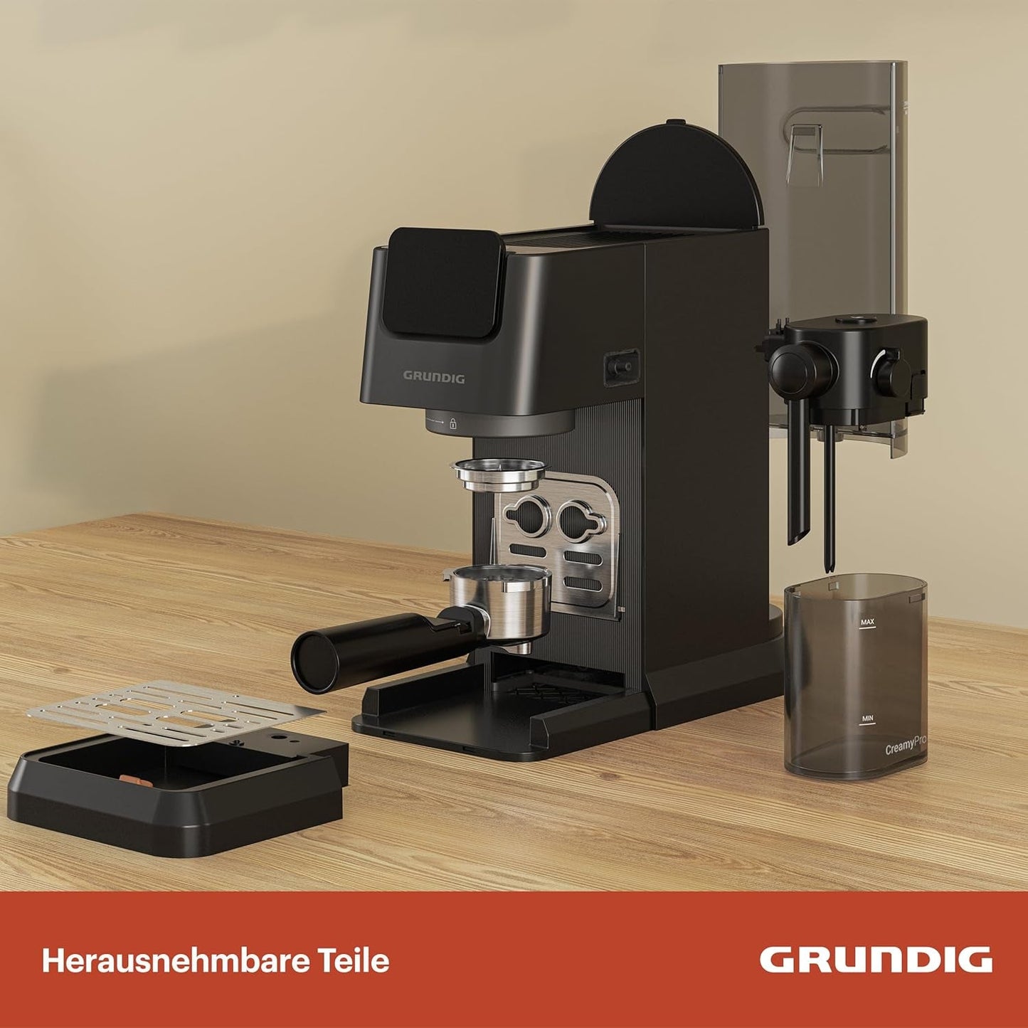 Portafilter espressomaskine GRUNDIG KSM 5330 med integreret mælkebeholder, effekt 1628 W, pumpetryk 15 bar, dobbelt mundstykke, farvetouchdisplay, BrewSense, CreamyPro, Mørk rustfrit stål/Sort