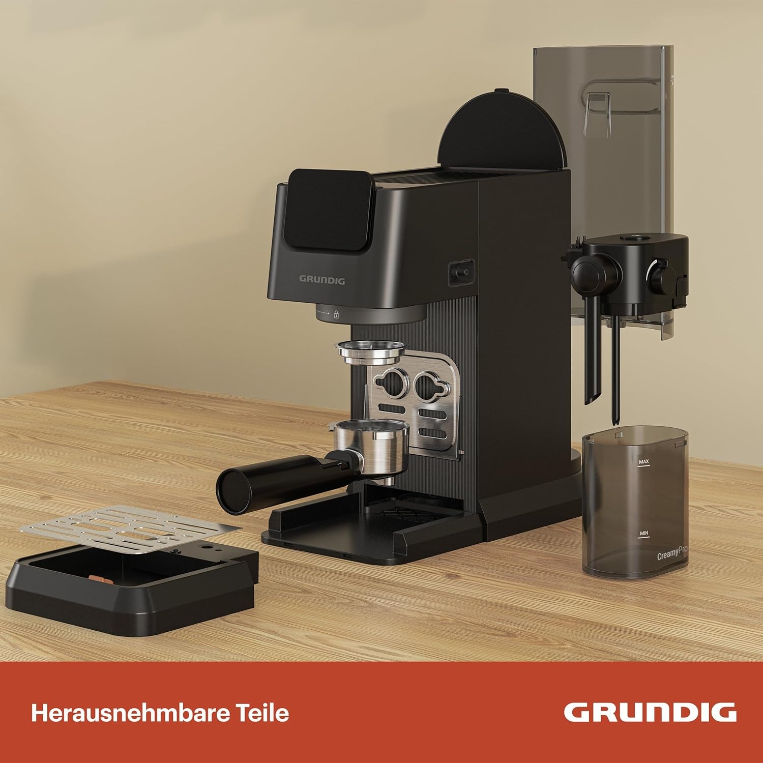 Portafilter espressomaskine GRUNDIG KSM 5330 med integreret mælkebeholder, effekt 1628 W, pumpetryk 15 bar, dobbelt mundstykke, farvetouchdisplay, BrewSense, CreamyPro, Mørk rustfrit stål/Sort