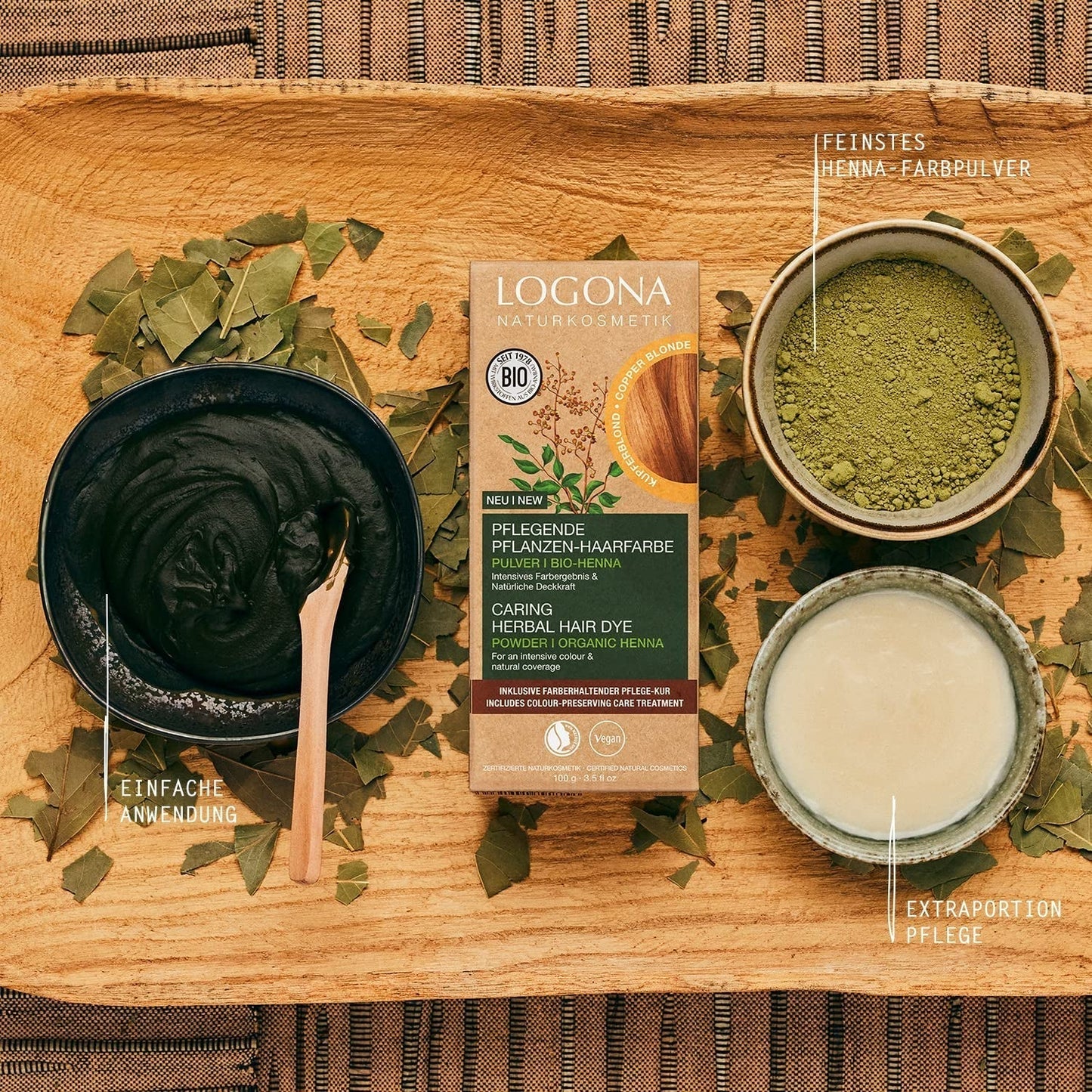 LOGONA Natural Cosmetics Urte nærende hårfarve, økologisk henna pulver vegansk hårfarve for intens farve og glans, urte hårfarve i kobberblond (blond), 1 x 100 g Naty Shop hårfarve