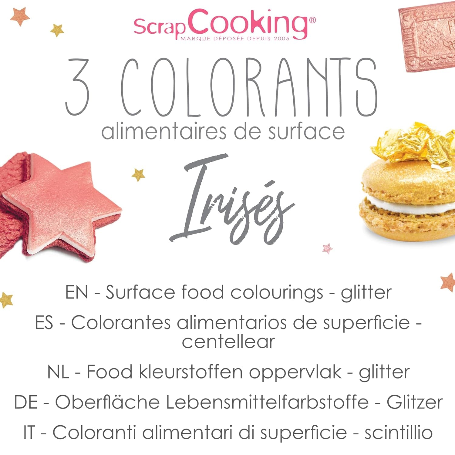 Scrapcooking - Sæt med 3 metallisk madfarve - Madfarve: guld, rosaguld og rubin - spiselig madfarve til bagning, kager, småkager, kager, chokolade - 4019