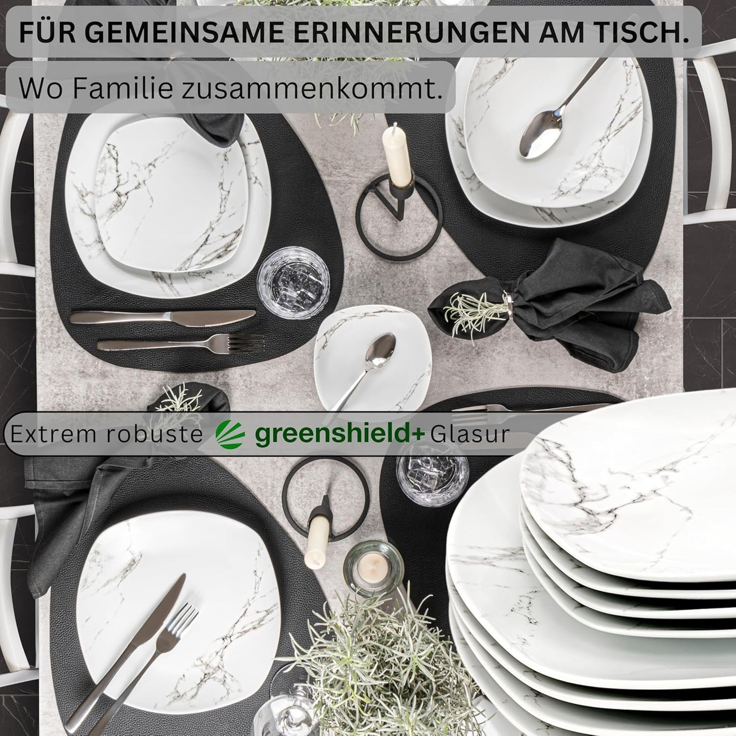 SANGER | Bilgola Marmor Combination Sergey Sæt 36-Deles Porcelænssæt til 6 med middagstallerkener, desserttallerkener, suma tallerkener, kornskåle, kaffetallerkener og porcelænsskåle, firkantede | PREMIUM KOLLEKTIONEN