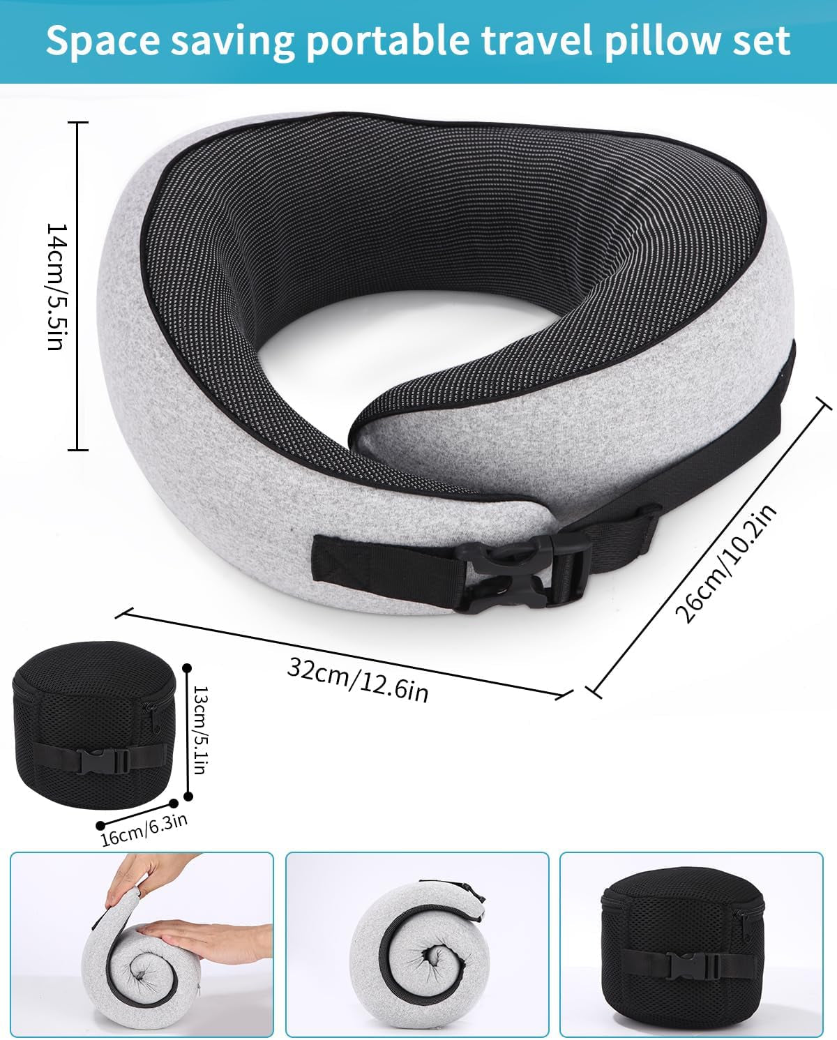 Flynakkepude, Memory Foam Rejsepude, Voksen Nakkepude, Justerbar vaskbar Flypude, Ergonomisk rejsepude (grå) Cervikale ortopædiske puder Naty Shop
