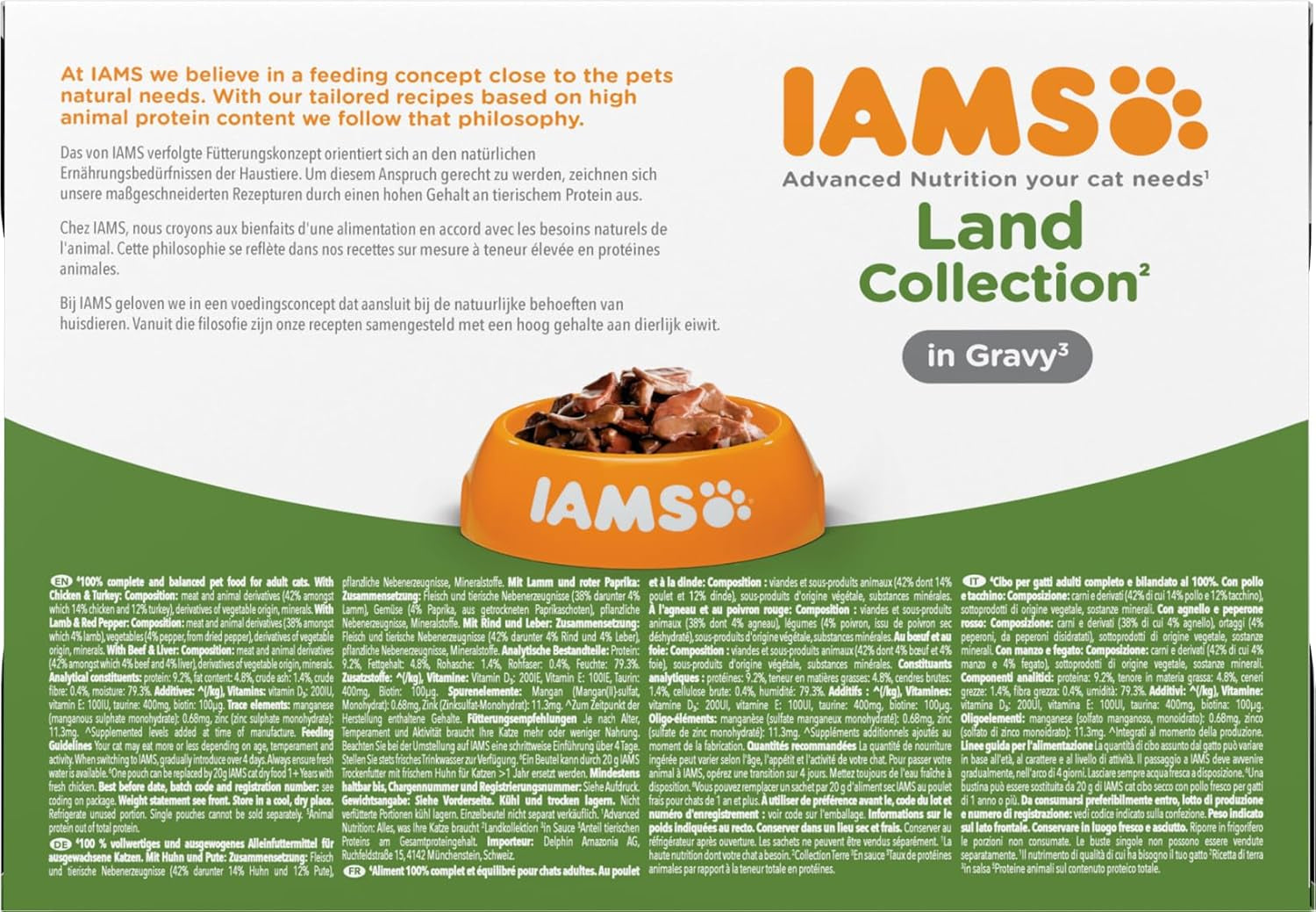 IAMS Delights Land Collection Vådfoder til katte - Multipak med kødvarianter (lam, oksekød, kylling og kalkun) i sauce, vådfoder til katte fra 1 år, 12 x 85g