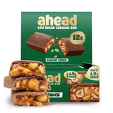 Karamel- og hasselnøddechokoladebarer forude | 12 chokoladebarer x 35 g uden tilsat sukker | 1,9 g sukker pr. bar | Sprød hasselnød og karamel smag | Low Carb slik | Ingen palmeolie
