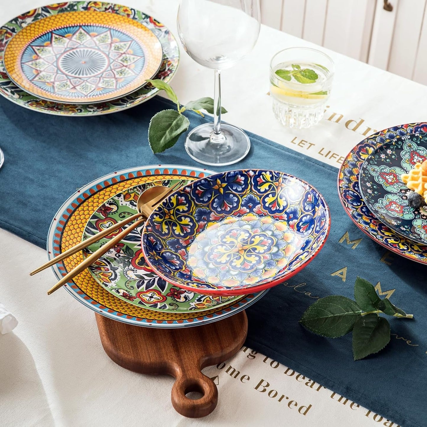 HENXFEN BLY Porcelænsservisesæt, 12-delt porcelænsstel til 4, farverigt porcelænsstel til 4 - Håndmalede tallerkener, Desserttallerkener, Suppetallerken - Bohemian Style
