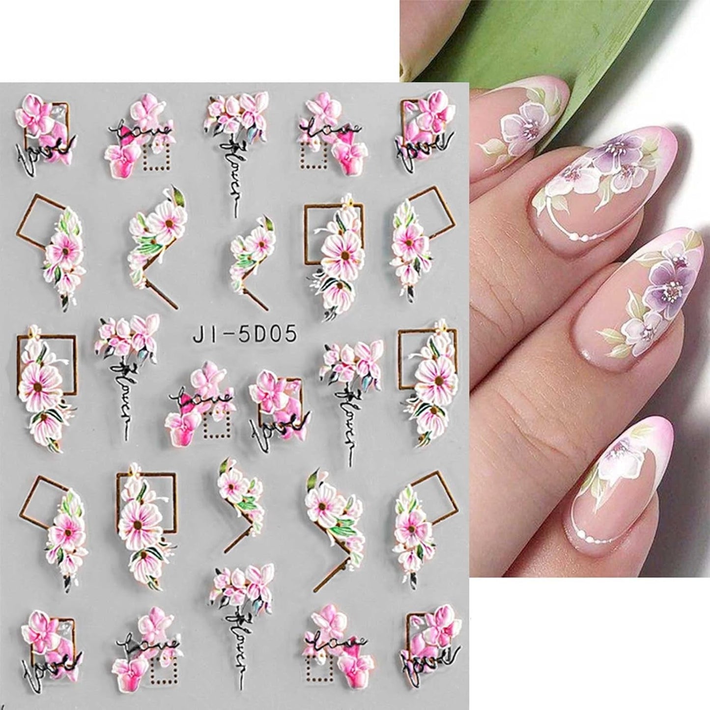 JMEOWIO 3D Nagelsticker Frühling Blume Nail Art Sticker Selbstklebend Nagelaufkleber 5D Stereoskopisk Blumen Dekoration Nageldesign Tilbehør 4 Blatt