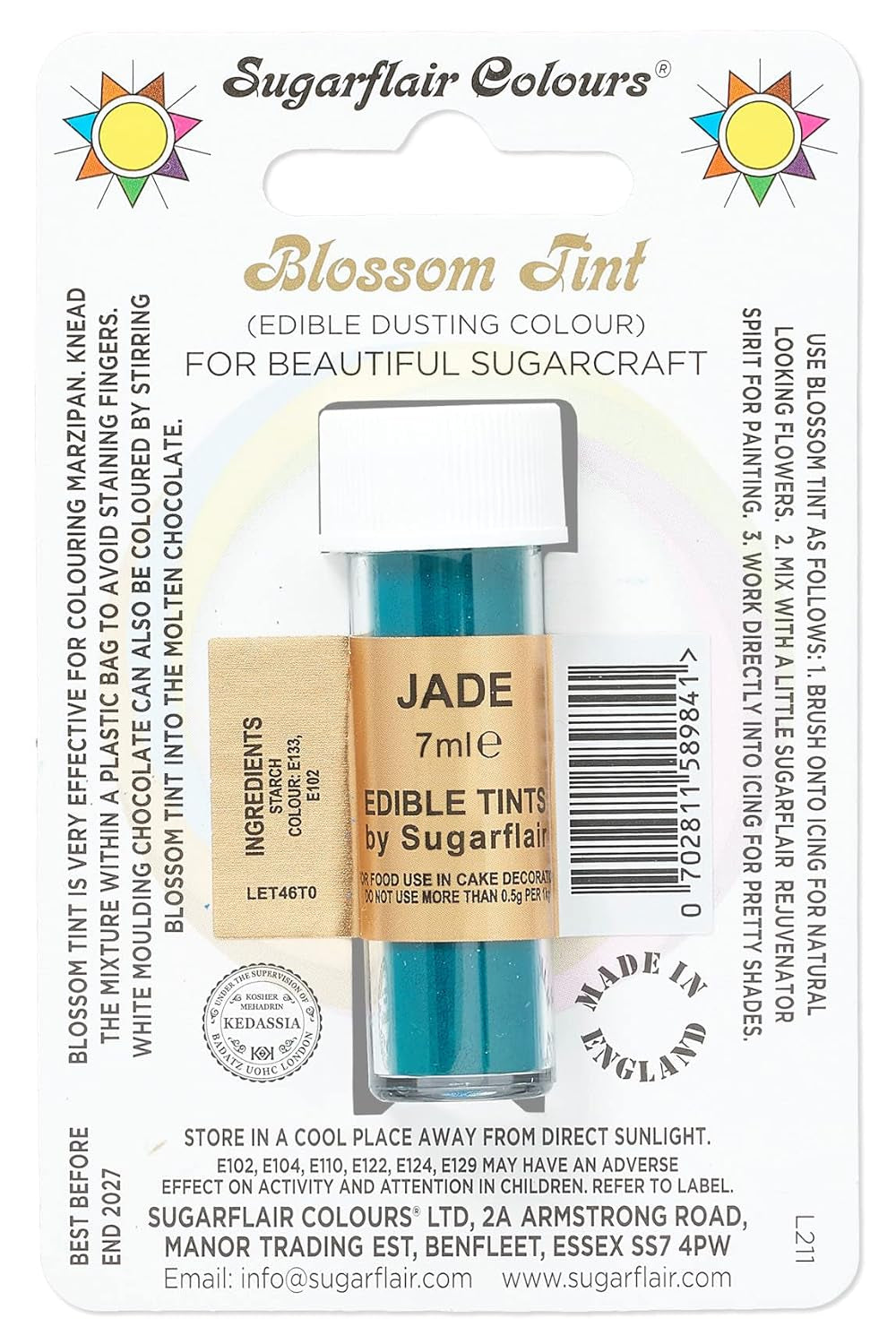 Madfarvepulver Sugarflair Blossom Tint Dusting Jade - Madfarvepulver til dekoration af farvet sukkerpasta, fondant, glasur, chokolade, smørcreme, makroner - 7ml