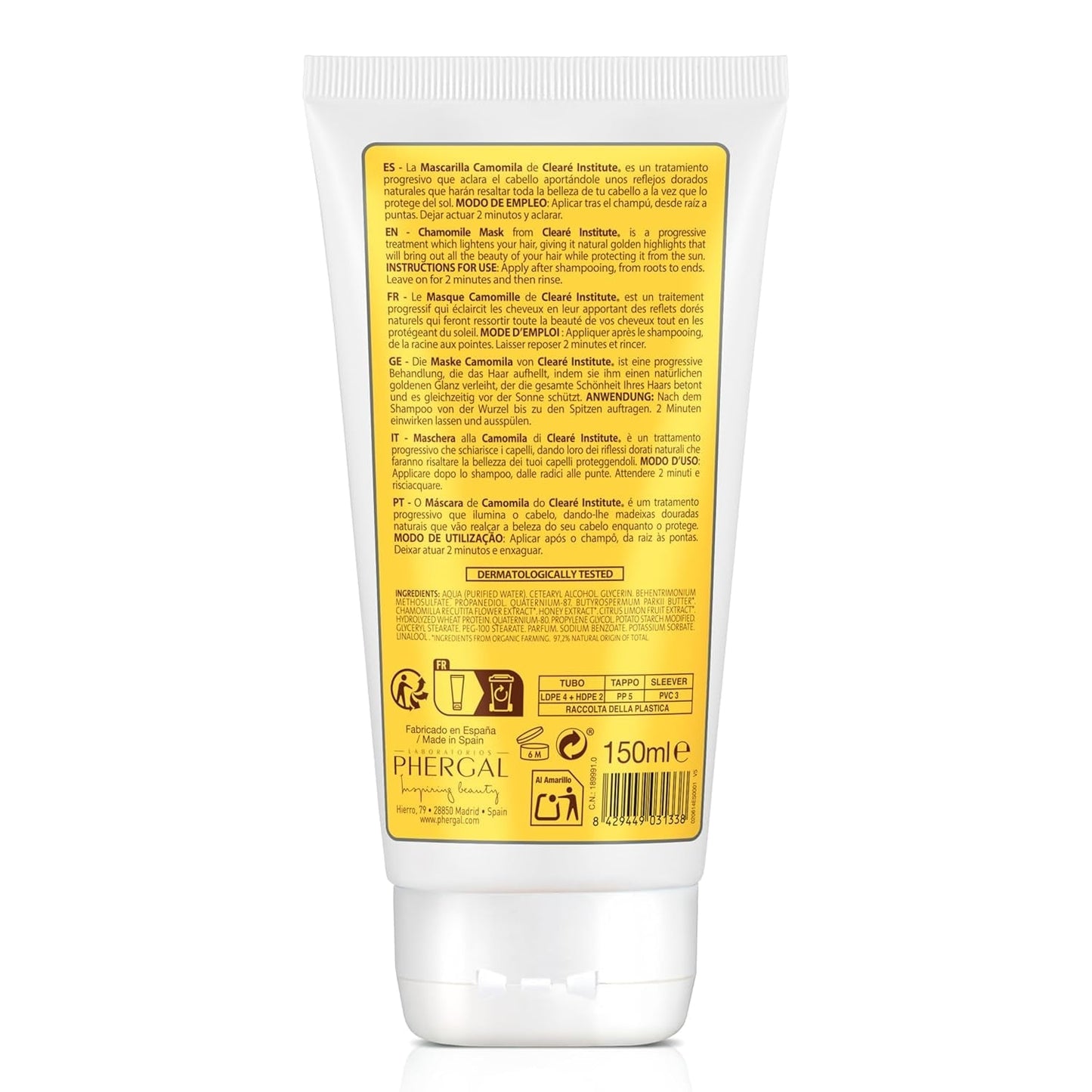 Clearé Institute | Kamille maske | Nærer, betingelser og reder ud | Golden Shine and Shine | 97% naturlige ingredienser | Beroliger hovedbunden Med kamilleekstrakt |150 ml Naty Shop hårmaske