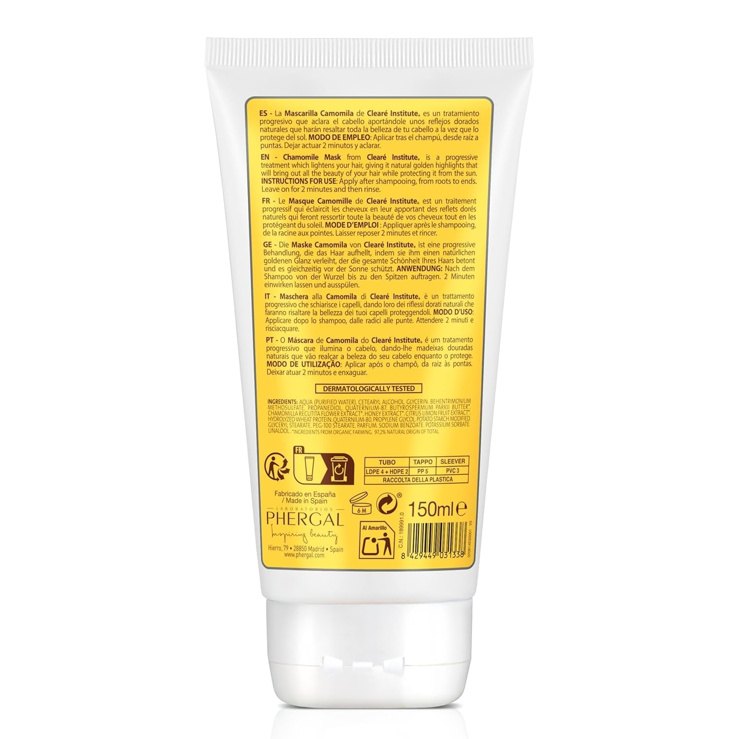 Clearé Institute | Kamille maske | Nærer, betingelser og reder ud | Golden Shine and Shine | 97% naturlige ingredienser | Beroliger hovedbunden Med kamilleekstrakt |150 ml Naty Shop hårmaske