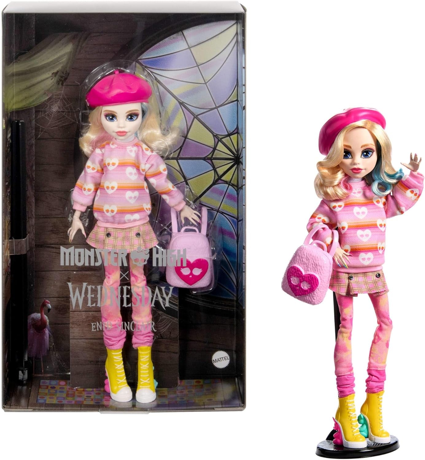 Monster High onsdagsdukke og tilbehør Pink Enid Sinclair samlerfigur med baret og rygsæk dukkestativ HXJ05