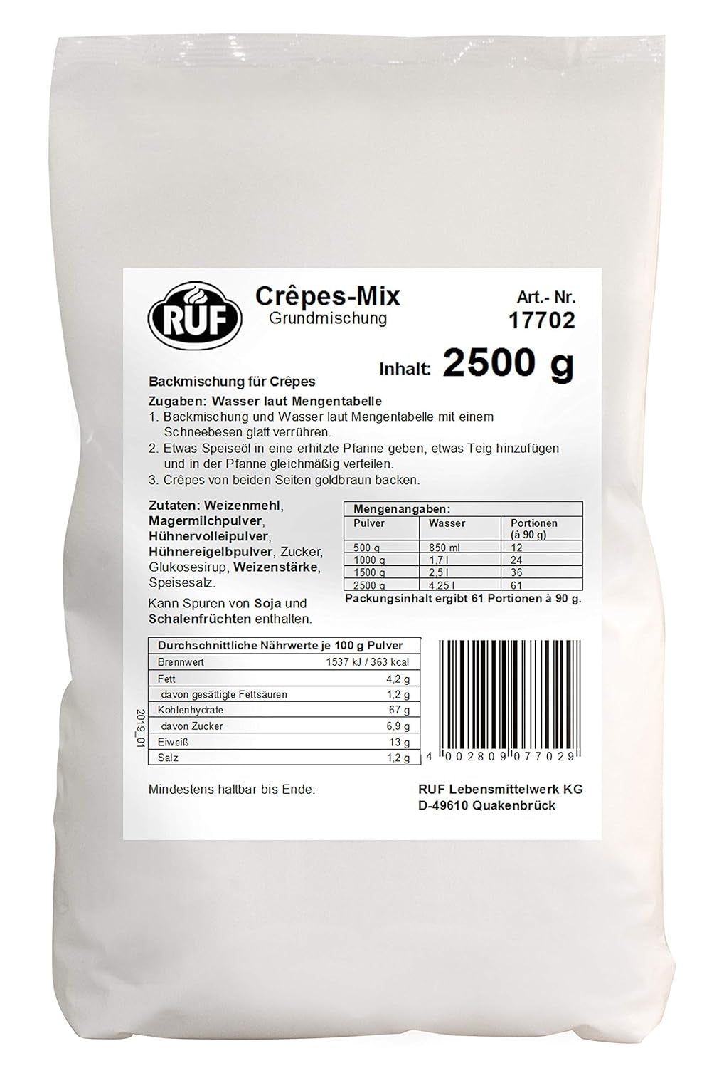 RUF Waffel-Mix, Großpackung, Grundmischung Zur Herstellung Von Waffeln Im Waffeleisen, Für Großküchen, Kantinen, Hoteller og restauranter, 1 X 2500G Mix til bagning og madlavning Naty Shop Crêpesteig Single