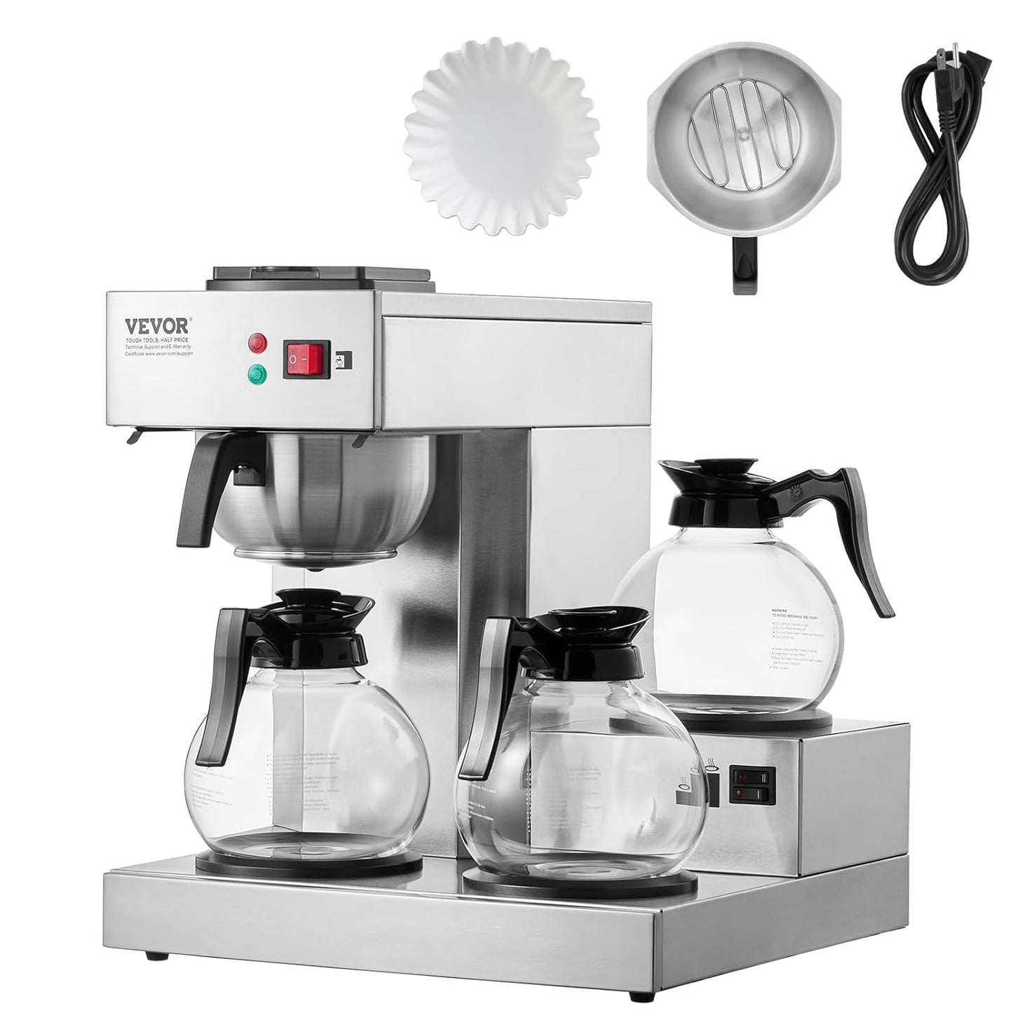 VEVOR kommerciel espressomaskine med 12 kopper filter med 3 glaskander og 3 varmeplader Espressomaskine i rustfrit stål med automatisk vandforsyning til restaurantkontorkaffe