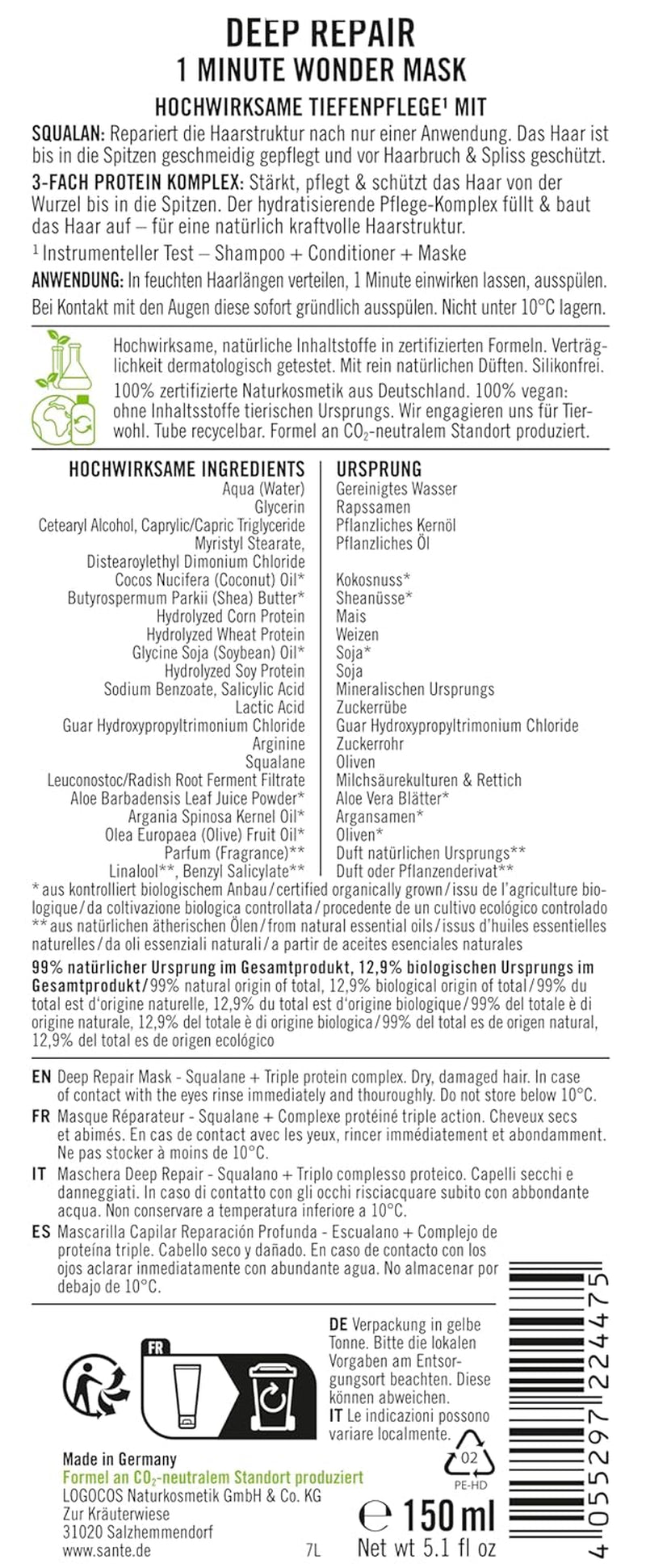 SANTE Natural Cosmetics Deep Repair Mask Squalane + 3x proteinkompleks, vegansk hårmaske til intens hydrering og fleksibelt hår, reparerer og regenererer beskadiget hår, 150 ml Naty Shop Hair Mask