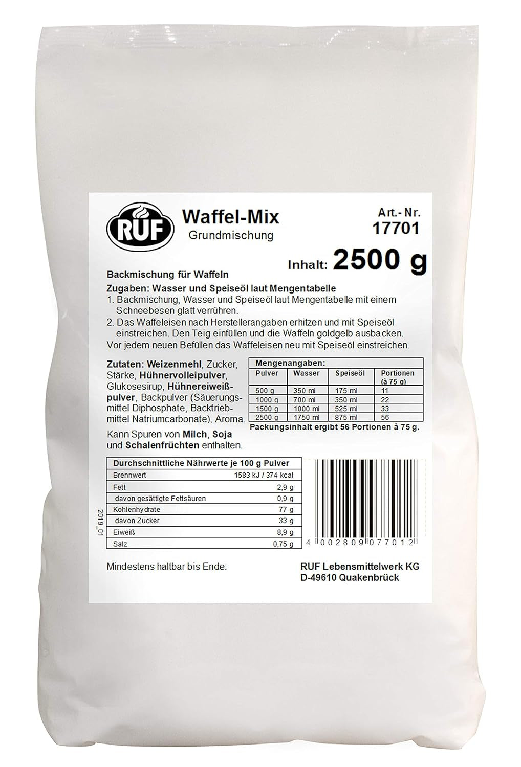 RUF Waffel-Mix, Großpackung, Grundmischung Zur Herstellung Von Waffeln Im Waffeleisen, Für Großküchen, Kantinen, Hoteller og restauranter, 1 X 2500G Mix til bagning og madlavning Naty Shop Wafelteig Single