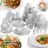 tectake® 12-personers spisestel, 100-delt porcelænsstel, inklusive 12 tallerkener, 12 desserttallerkener, 12 middagstallerkener, 12 kopper, 12 kornskåle, salatskål, mælkekande, sukkerskål