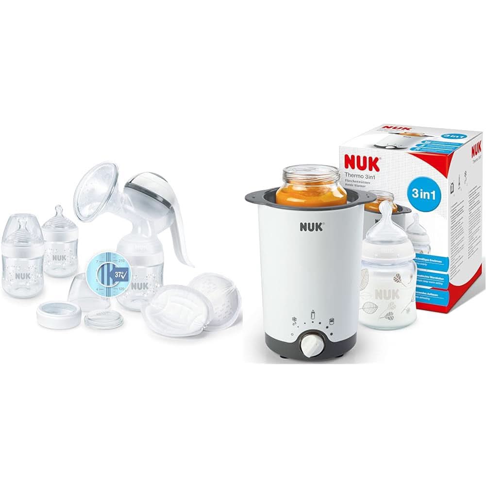 NUK Nature Sense manuel brystpumpe | Ammesæt med manuel brystpumpe, flasker og ammeindlæg Ultra Dry Comfort | 6 stk Mad og Amning Tilbehør Bebe Naty Shop Pakke med flaskevarmer Med temperaturkontrol