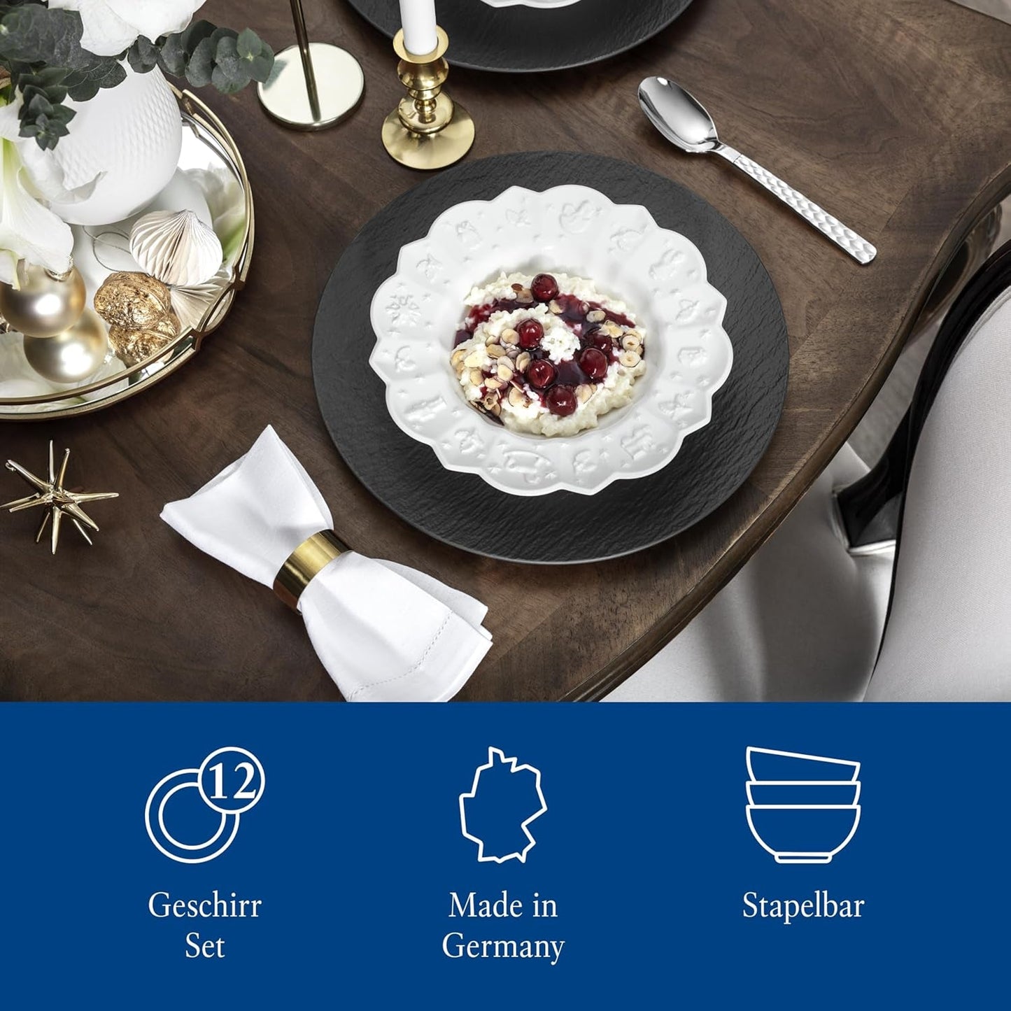 Villeroy & Boch Toy's Delight Royal Classic 12-delt porcelænssæt, Tåler opvaskemaskine og mikroovn, hvid, tallerkener, 4-personers porcelænssæt, julestel, legetøj, premium porcelæn