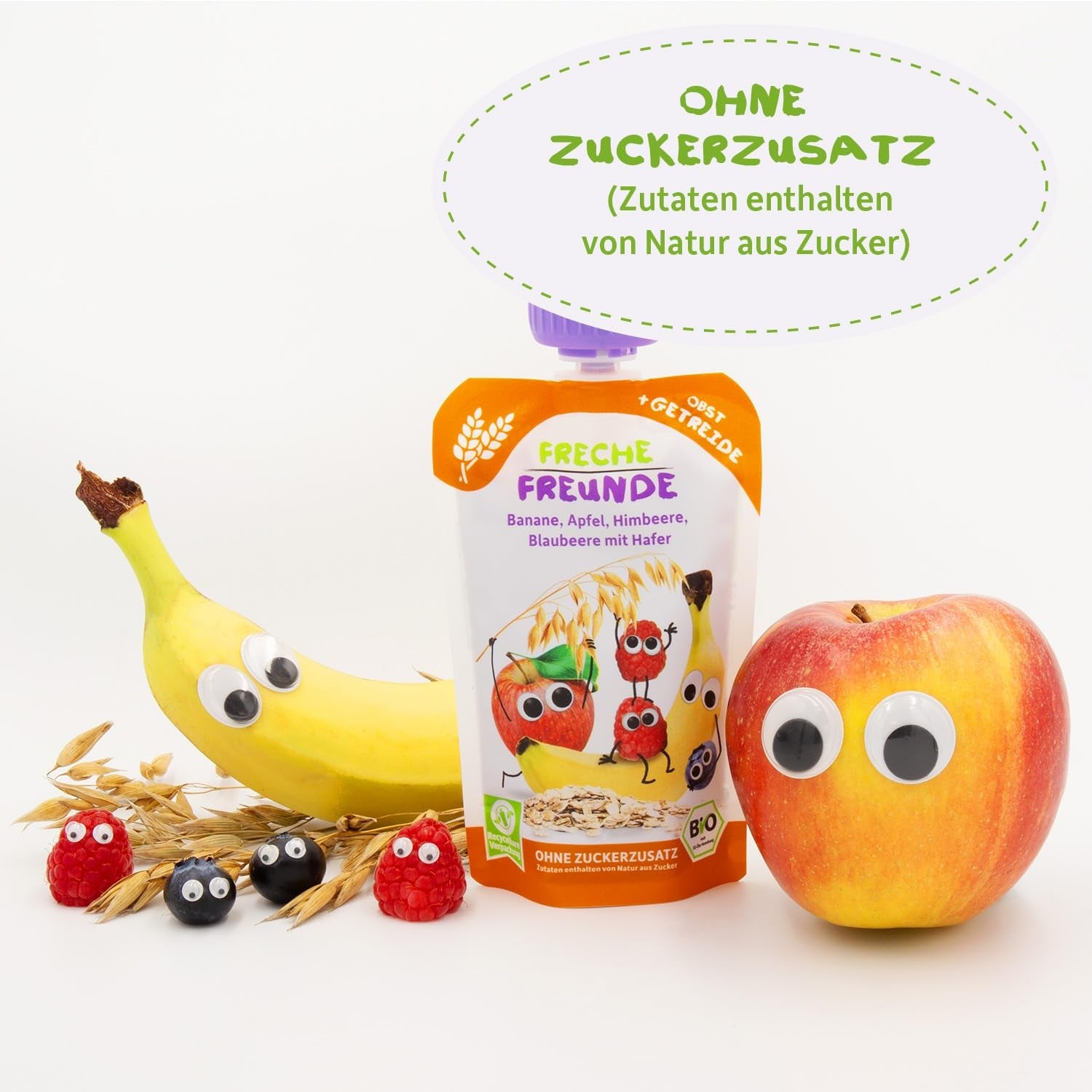 FRECHE FREUNDE Økologisk frugtpose Banan, æble, hindbær, blåbær med havre, frugtpuré med korn i en pose, der kan presses til babyer fra 6 måneder, vegansk, pakke med 6 (6 x 100 g)