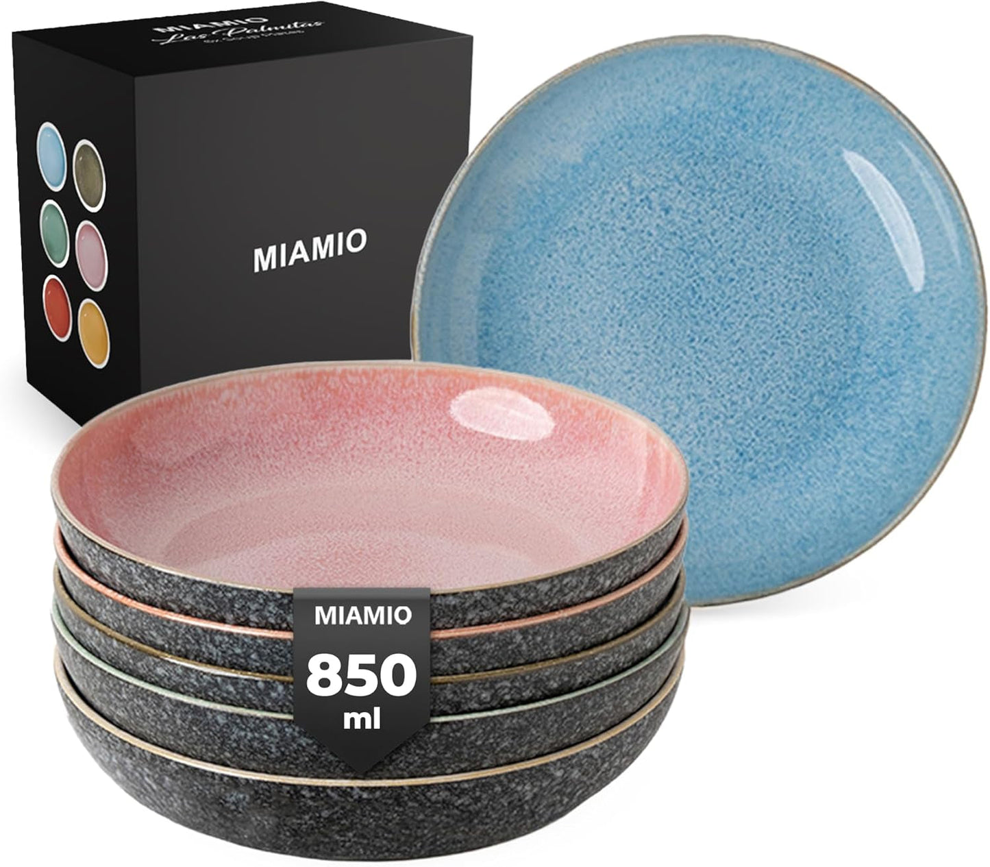 MIAMIO - Middagstallerkener, sæt med 6 (850 ml) / store og dybe pastatallerkener, tallerkensæt til 6, keramisk salatskål / Tåler opvaskemaskine og mikroovn - Las Palmitas Collection