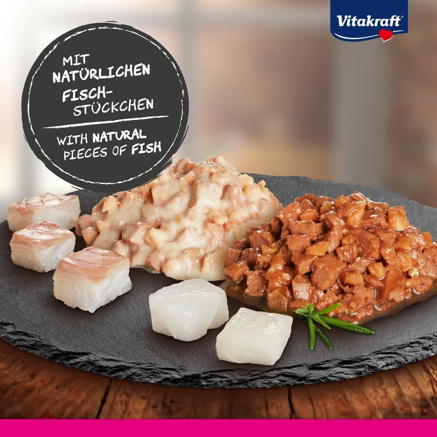 Vitakraft Poésie Délice, Fish Selection, Nassfutter Katze, Katzennassfutter in Sauce, mit Seelachs, mit Kabeljau, ohne Zusatz von Zucker und Getreide (1 Paket med 6x 85g)