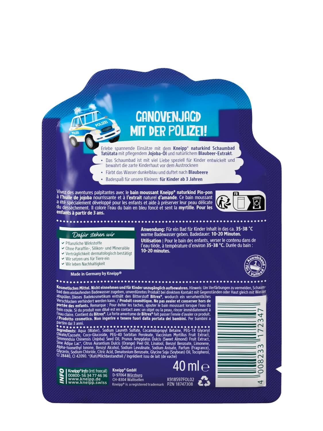 Kneipp Naturkind, badetilsætning med nærende jojobaolie og naturligt blåbærekstrakt, frugtagtig blåbærsmag, blåt vand, 40 ml Brusebad og bad Naty Shop