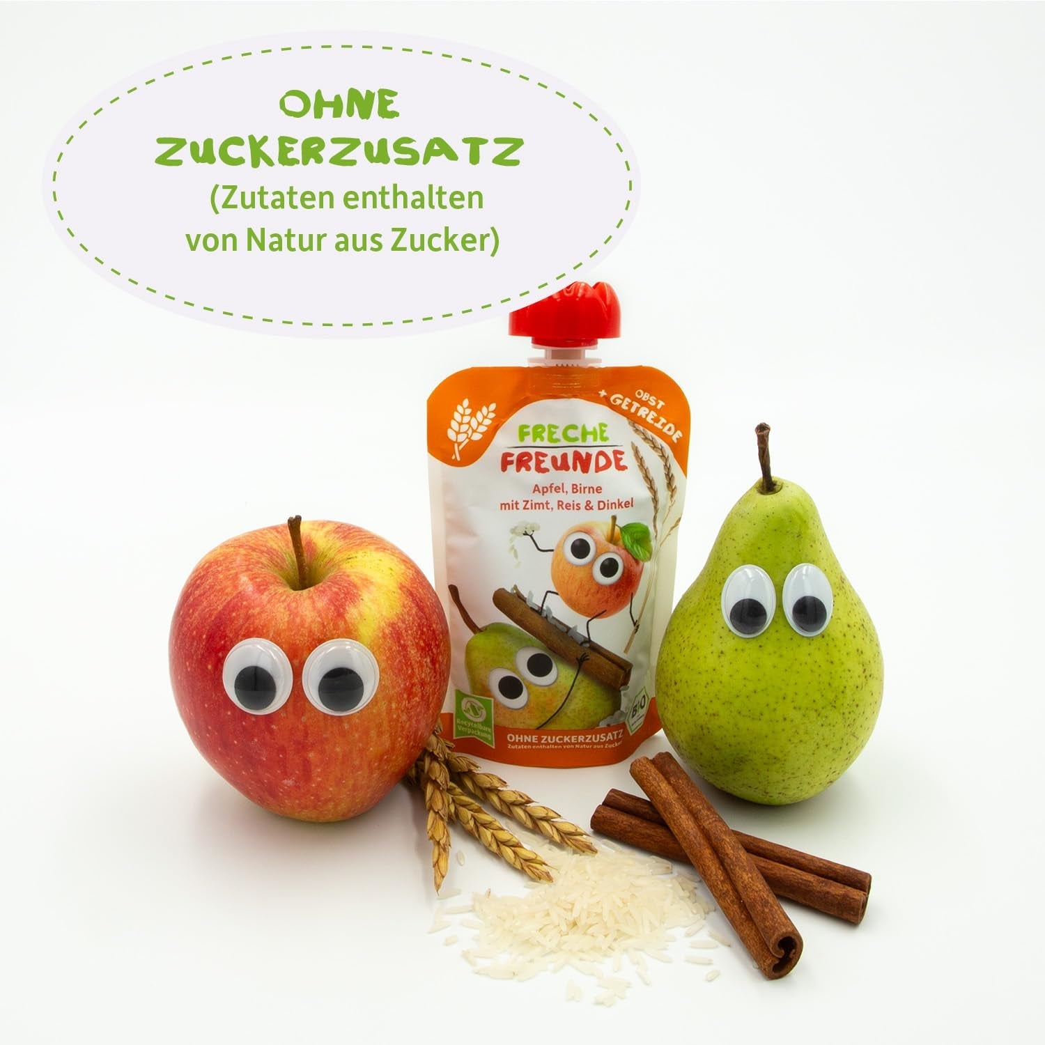 FRECHE FREUNDE Økologisk frugtpose, der kan presses sammen Æble Kanel Pære Ris Spelt frugtpuré med korn til babyer 6 måneder+ Vegansk 6-pak (6 x 100 g)