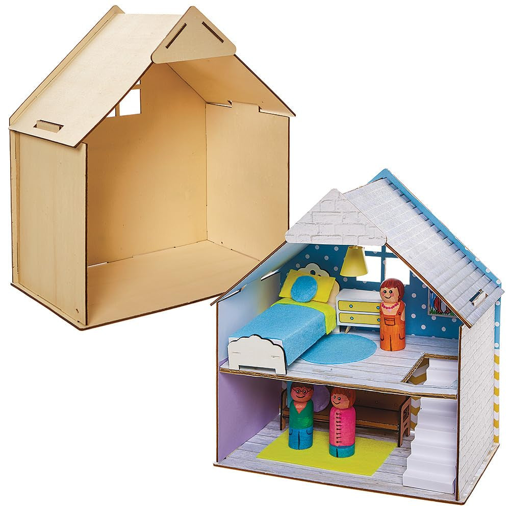 Baker Ross FN199 Wooden Dollhouse Kit - 1-Pack, Kids Dollhouse Kit, Craft Kit Dukkehuse Naty Shop Standardtitel