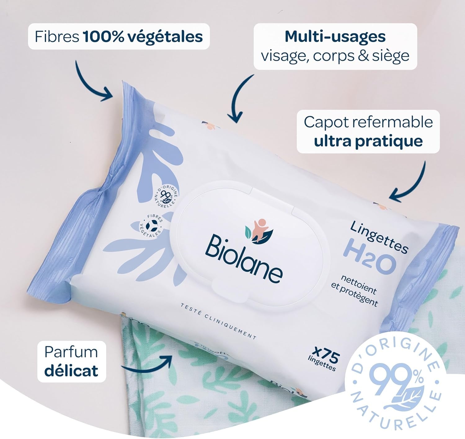 BIOLANE - Babyvådservietter med vand - 225 servietter - 3 x 75 stykker - Skånsom og effektiv rengøring - Fra fødslen - Fransk kvalitet