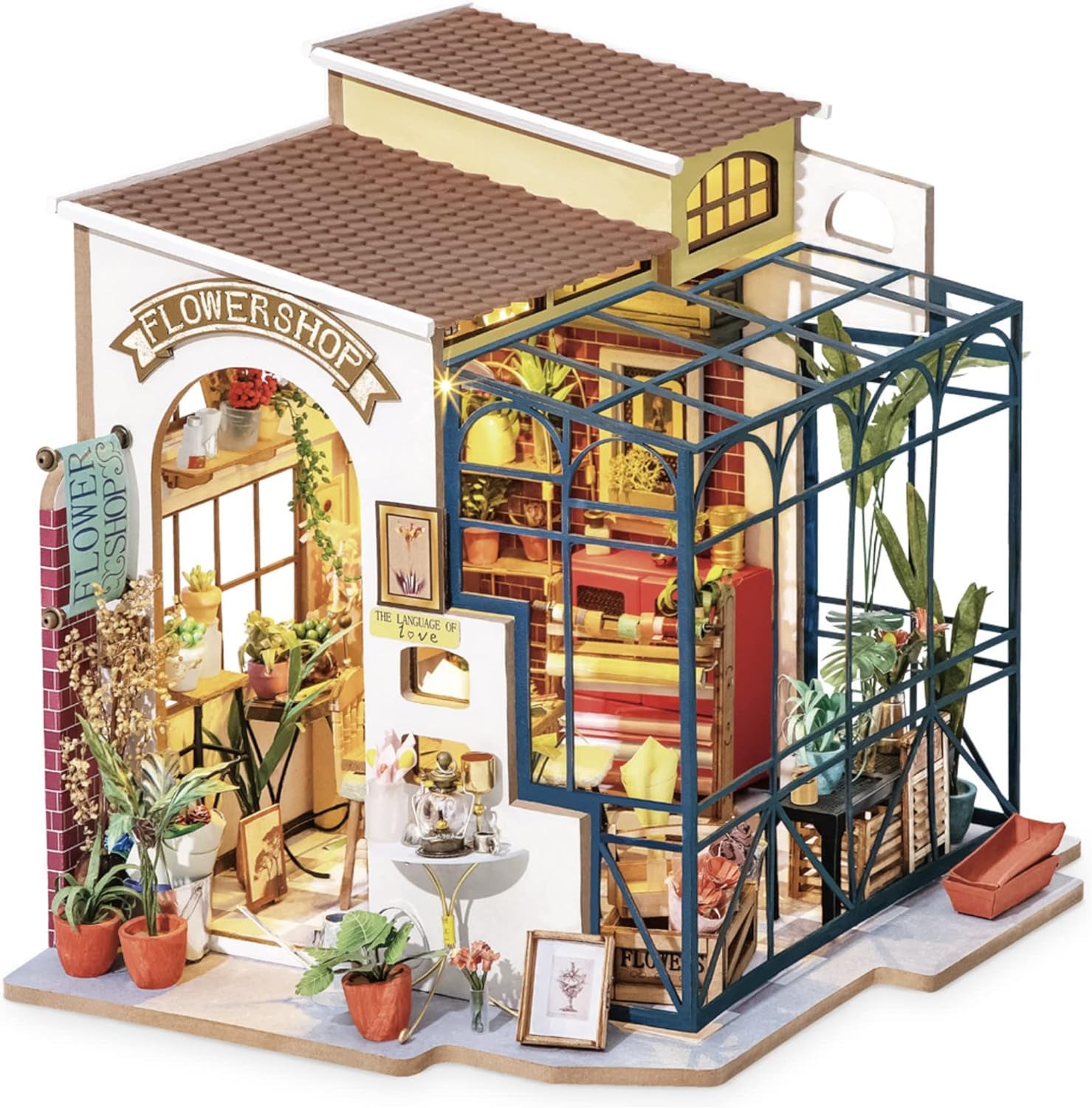 Robotime DG145 Rolife Emily's Flower Shop Miniature dukkehus Lavet af træ, metal, stof og pap, Mål: 22 X 15 X 17 Cm, Naty Shop dukkehuse