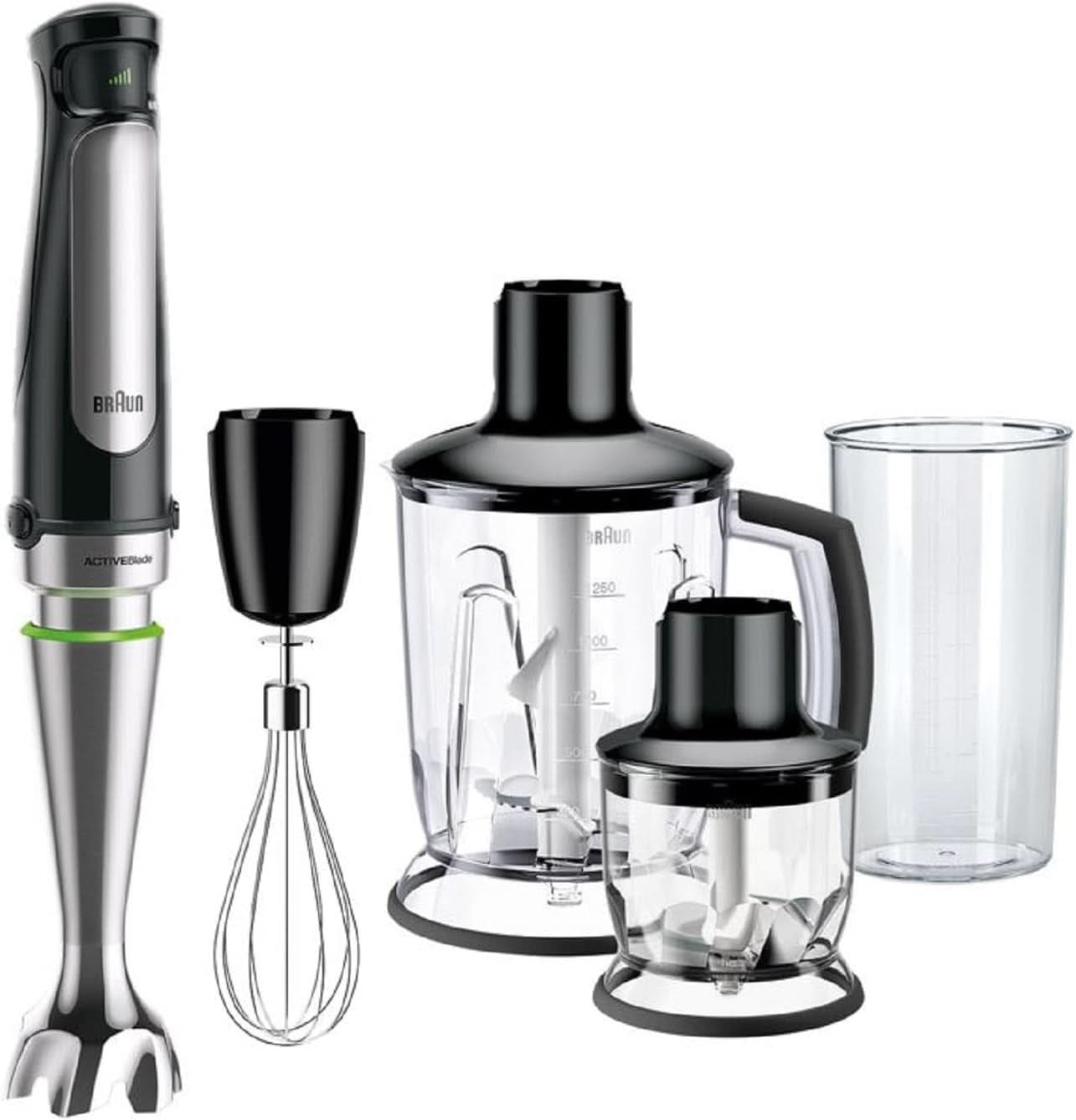 Braun Multiquick 7 MQ 7035X Stabmixer - Pürierstab Mit Abnehmbarem Edelstahl Mixfuß Mit Activeblade Technologie Zum Pürieren Der Härtesten Ingredient, Inkl. 3-Teiliges Zubehör Sæt, 1000 Watt, Schwarz Kitchen Naty Shop Schwarz Standmixer-Aufsatz