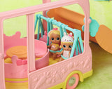 BABY født 904763 Baby Surprise Bus - pink mini dukke legetøjsbus med 2 eksklusive dukker, tredobbelt klapvogn, gynge, karrusel, rutsjebane og tredobbelt gynge.