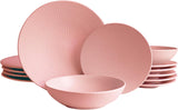 ECHTWERK Vintage servisesæt 12 dele naturligt design "Blanka" 4 personers elegant tekstureret stentøjsstel med 4 middagstallerkener 4 sidetallerkener 4 middagstallerkener Pink