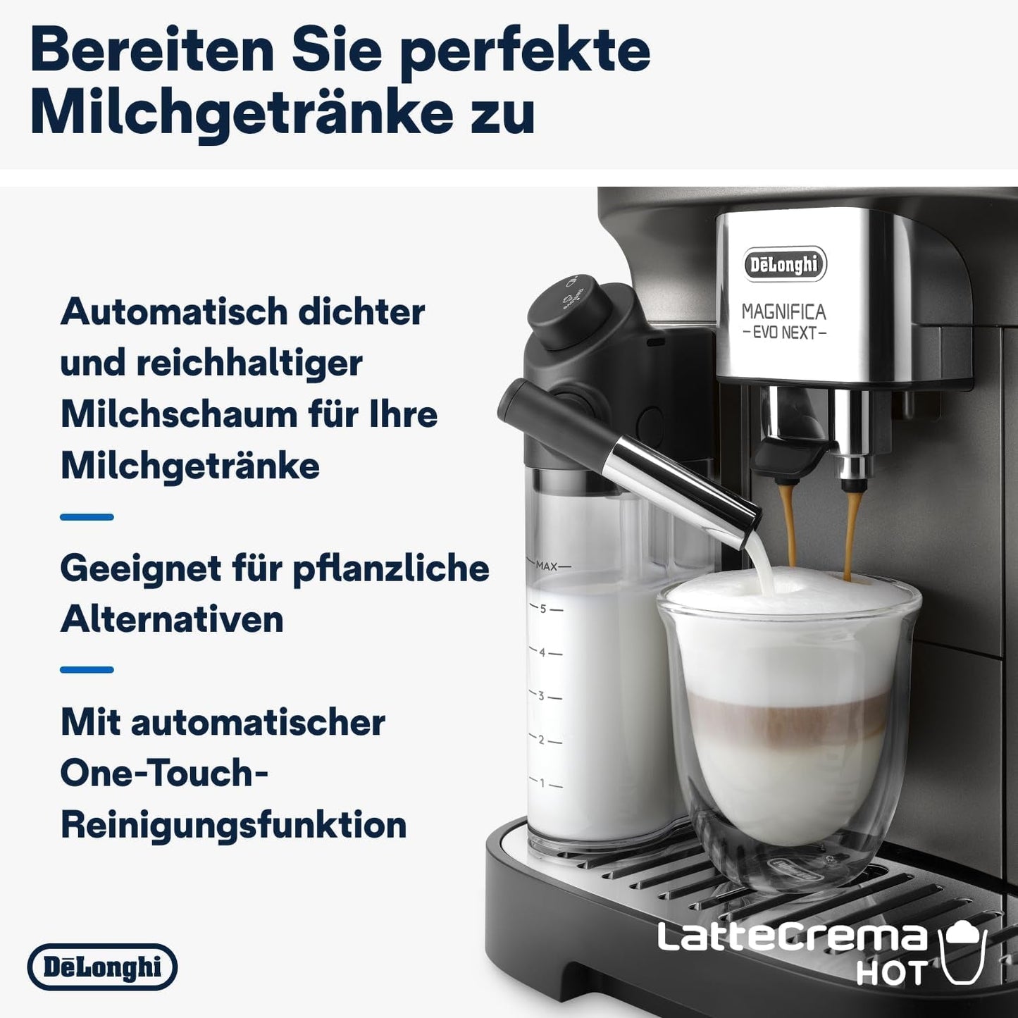De'Longhi Magnifica Evo Next - Perfetto fuldautomatisk espressor med LatteCrema mælkeskummer, 13 One-Touch-drikke, kaffe- og cappuccinomaskine, farveberøringsskærm, Titanium (ECAM312.80.TB)