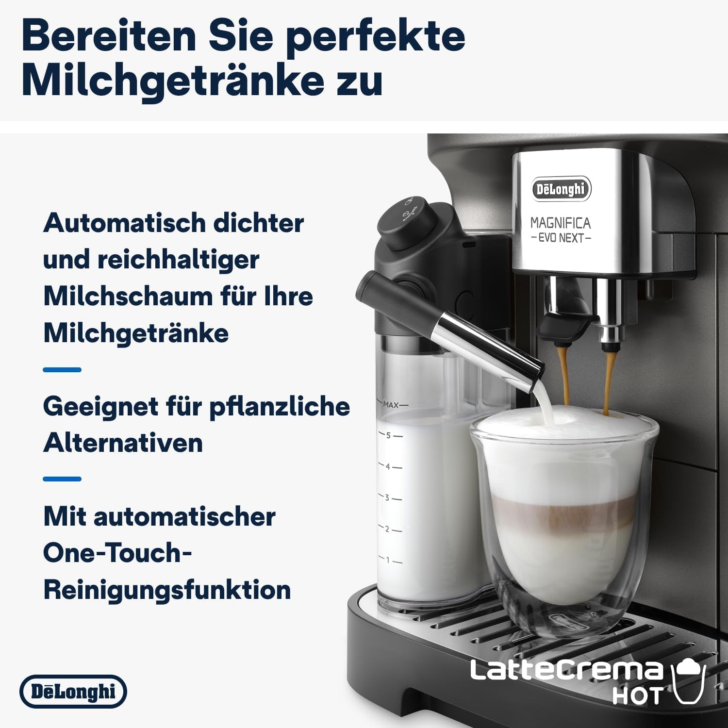 De'Longhi Magnifica Evo Next - Perfetto fuldautomatisk espressor med LatteCrema mælkeskummer, 13 One-Touch-drikke, kaffe- og cappuccinomaskine, farveberøringsskærm, Titanium (ECAM312.80.TB)