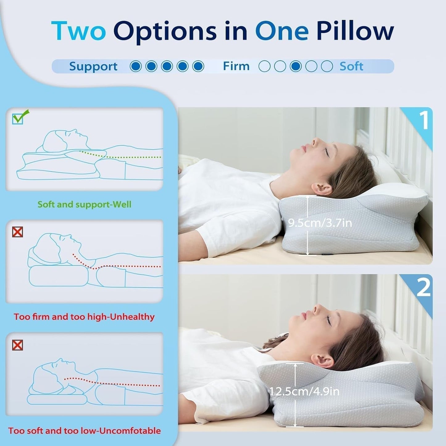 HOMCA Nakkepudepude, Memory Foam Ergonomisk pude 3D-kølepudebetræk til liggende, side- eller liggende stilling, 62 X 41 X 9,5/12,5 cm Cervikale ortopædiske puder Naty Shop